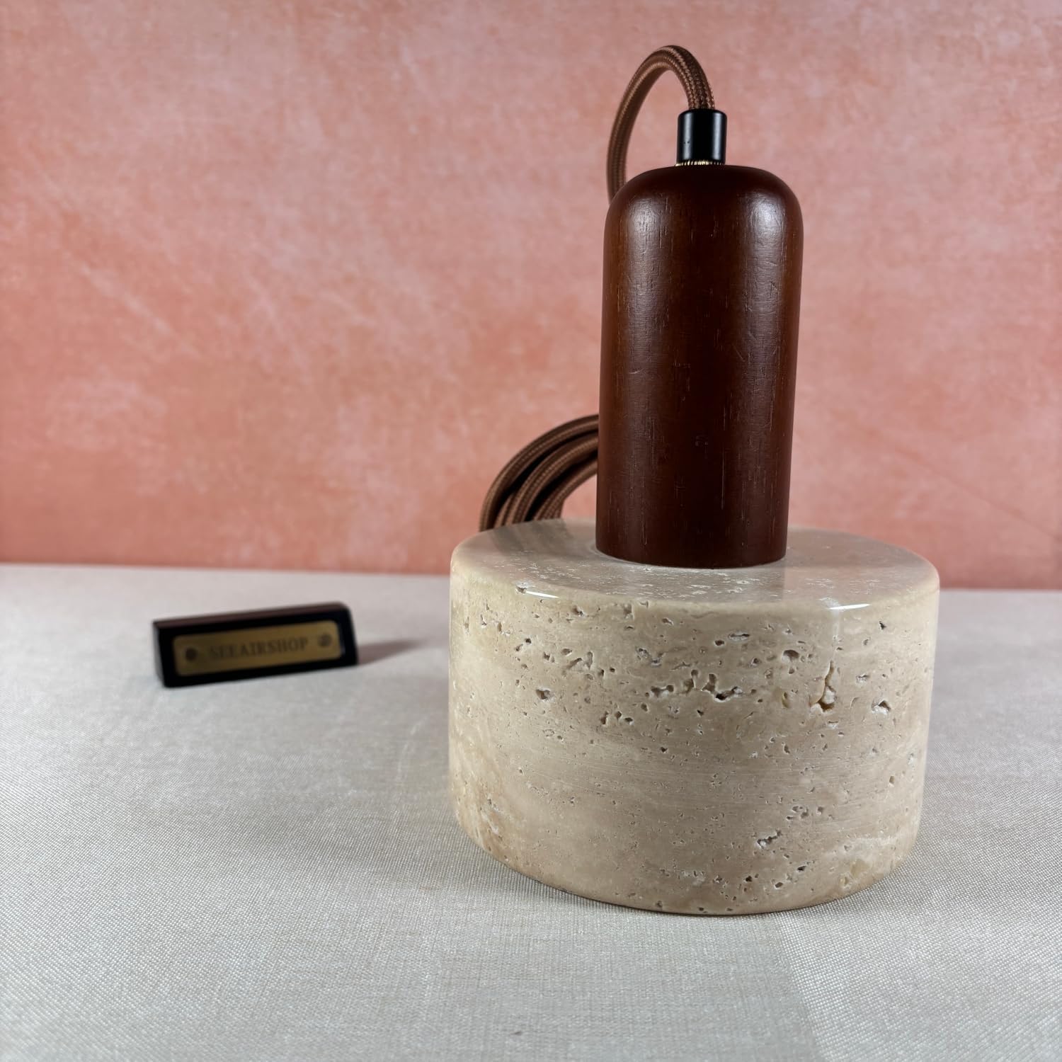 Natural Stone Shade Cylinder Pendant Light Walnut Wood Hainging Light Kit Retro Mini Pendant Lamp Nordic Pendant Lighting for Kitchen Island