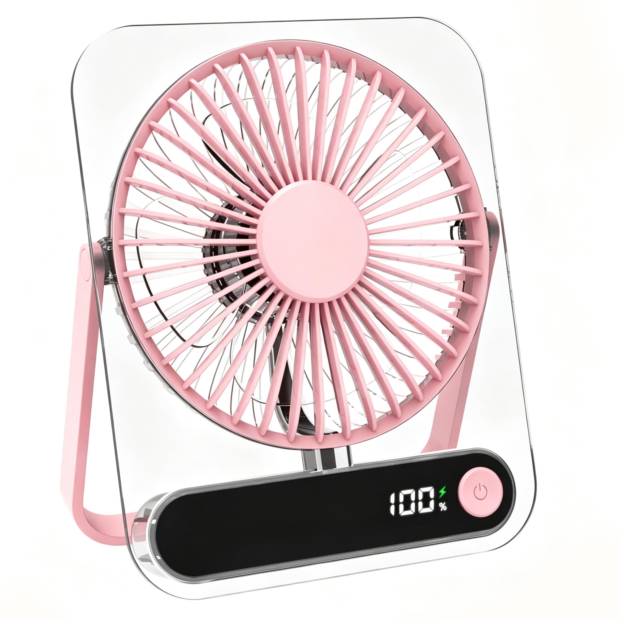 iNeibo Office Slient Power Desk Fan,1800mAh USB Rechargeable Mini Fan, Ultra-thin Portable personal Fans,LCD Digital Display,180° Tilt Folding Desktop Fan, 5-speeds Strong Wind For Home Bedroom(Pink)