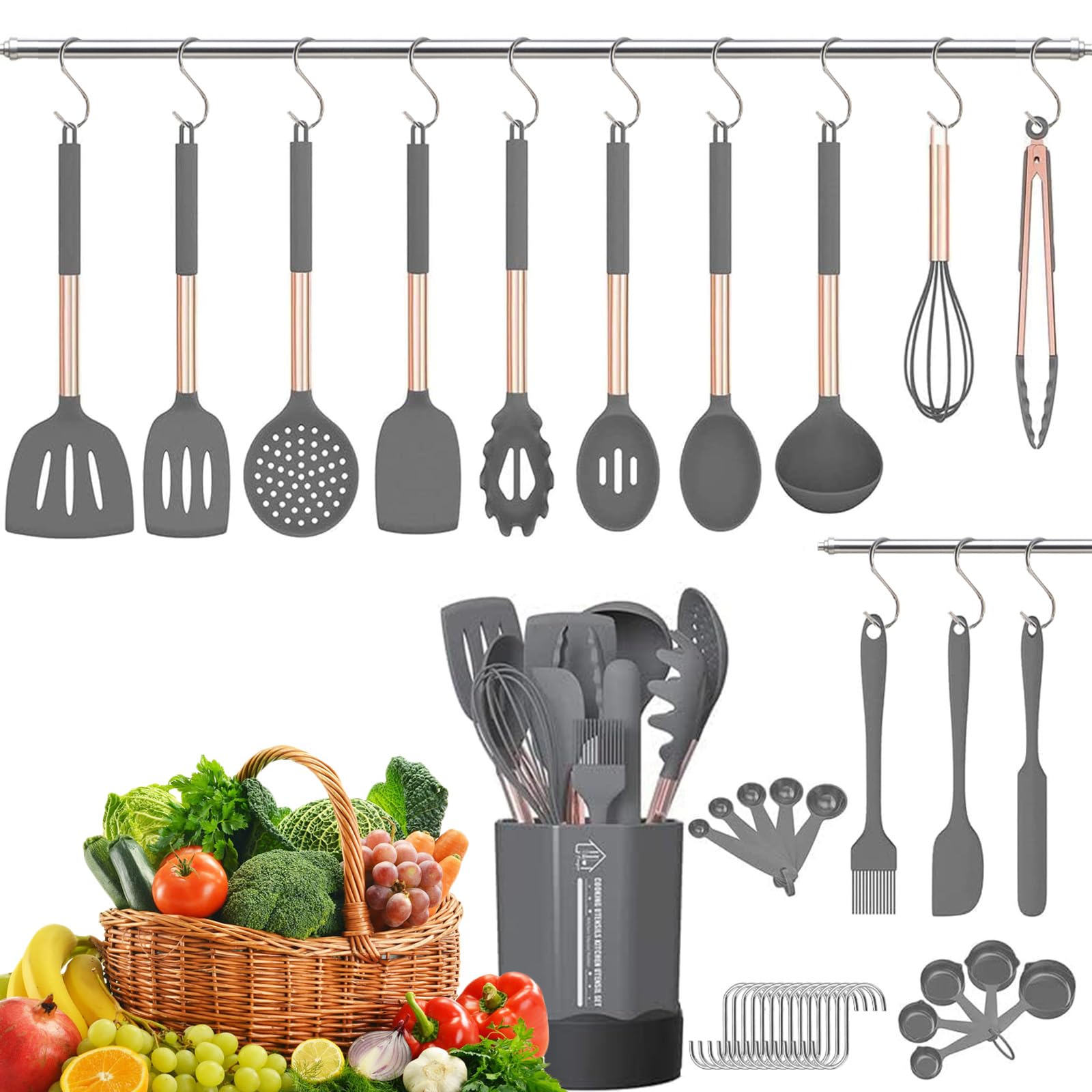 Set Utensili Da Cucina In Silicone 24 Pezzi Con Manico In Legno, Resistenti Al Calore 230°C, Antiaderenti, Con Supporto E Ganci A S, Regalo Per La Mamma