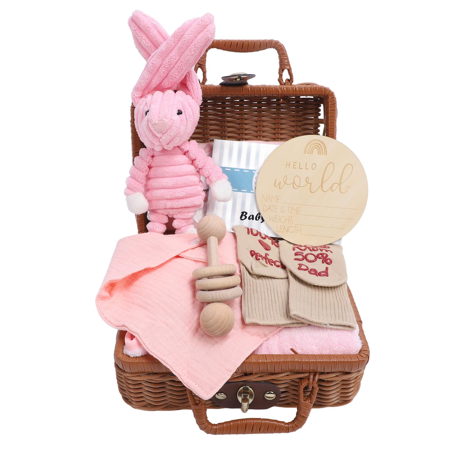 Fabater Cesta de Regalos para Baby Shower para Recién Nacido, Ropa, Muñeca, Sonajero de Madera, Baberos, Calcetines, Tarjeta de Felicitación, Juego de Regalo para Recién Nacido (PINK)