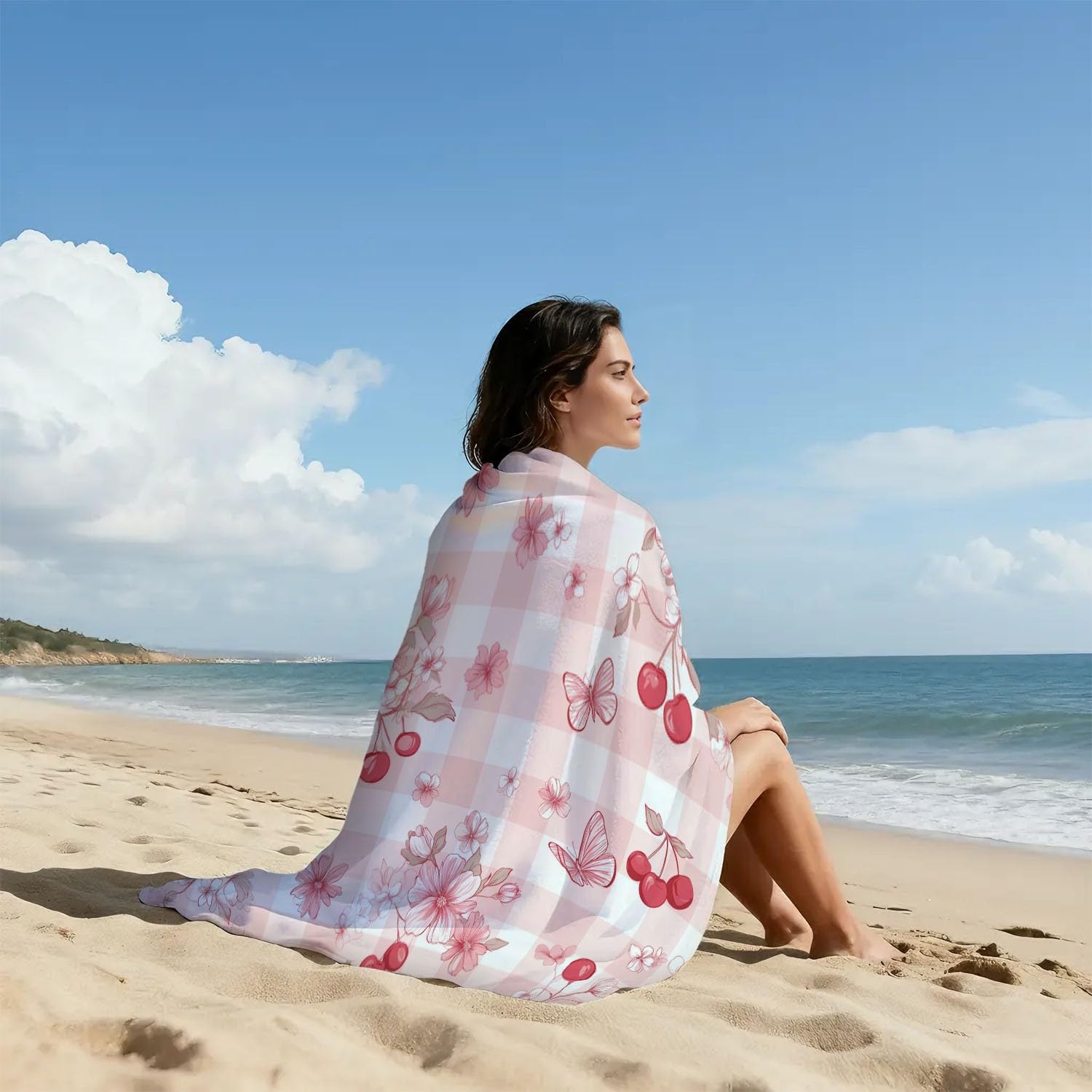 Niedlich, Ländlich, Rustikal, Gingham Strandtuch 230 x 210 cm - Strandtuch trandtuch Leichtdünn Weich Nahtloses Patchwork, Streublümchen, Kirschen,für Strand, Pool, Yoga, Picknick