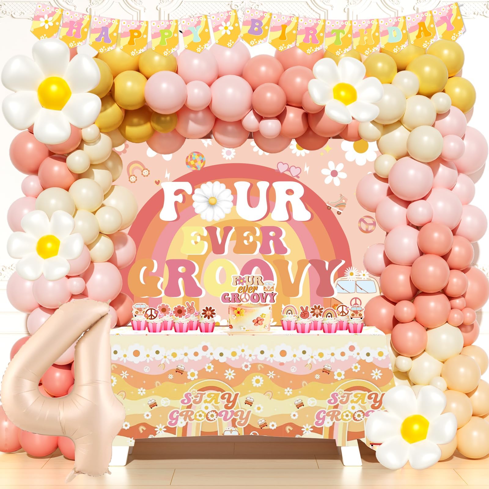 Party Inspo Four Ever Groovy Party Decorations for Girl, Groovy 4th Birthday Decorations Girl, Boho Daisy Floral Hippie 4 Year Old Party Supplies