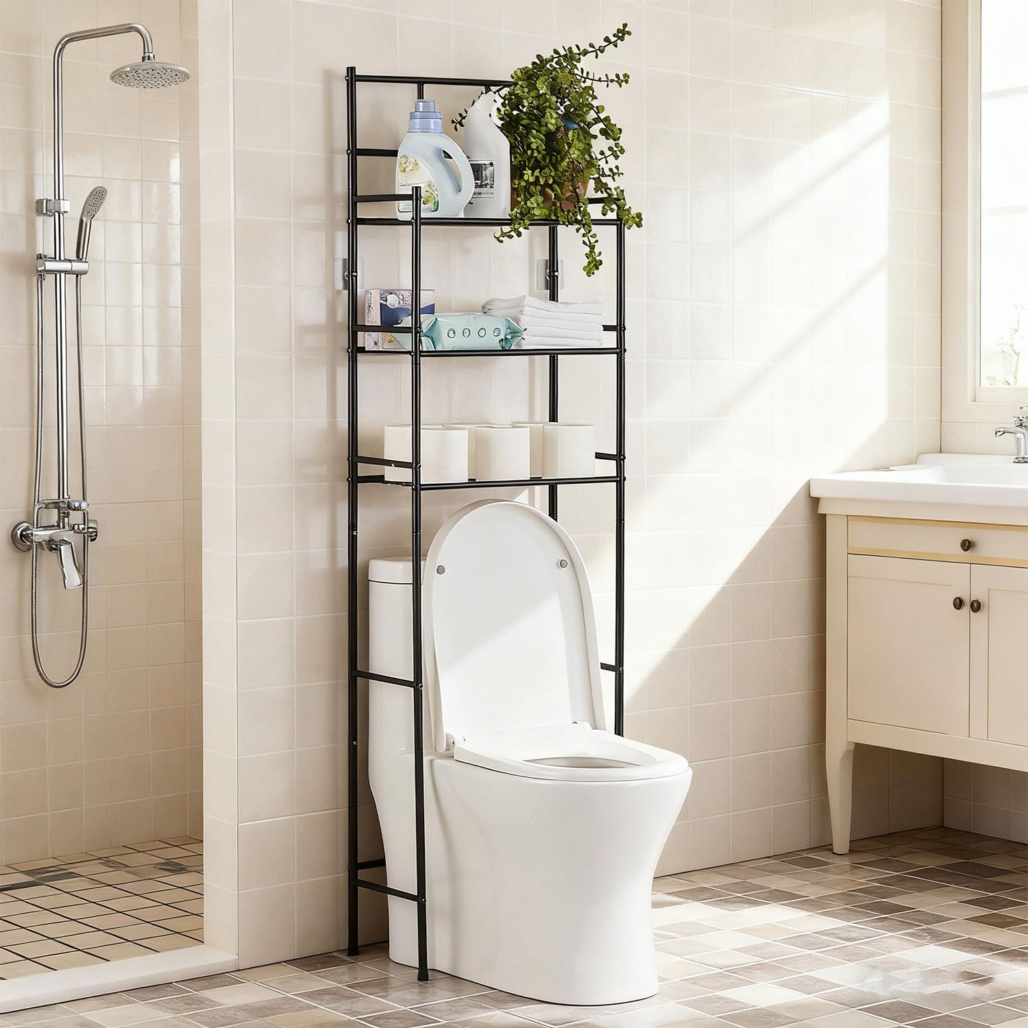 Meuble WC, Meuble Salle de Bain Rangement à 3 Niveaux, Étagère WC Autoportante en Métal, Rangement au-Dessus des Toilettes ou Lave-Linge Peu Gain de Place, Montage Facile Etagere, Noir