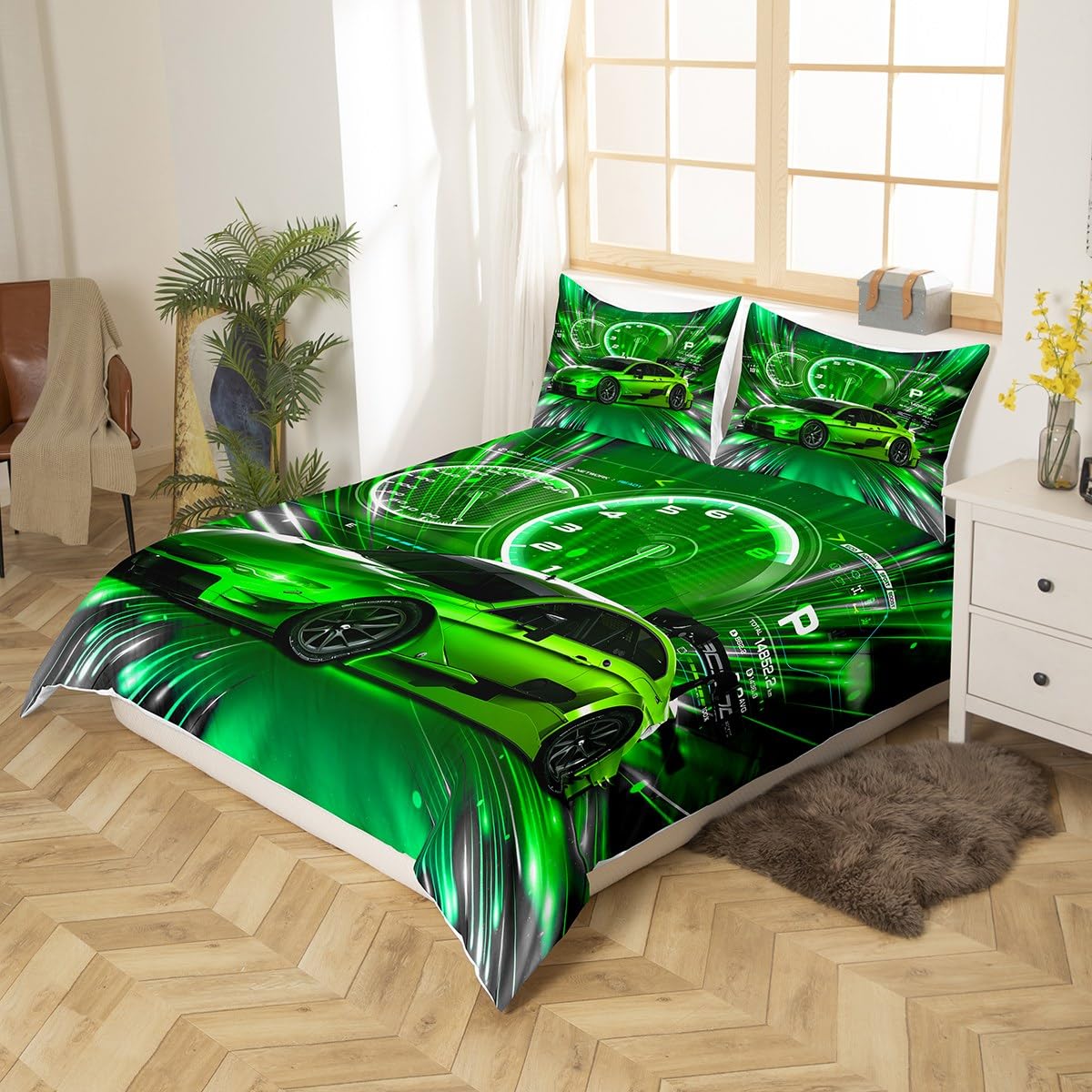 Loussiesd Set di biancheria da letto per bambini con auto da corsa, per ragazzi e adulti, in piuma, per camera da letto 200x200cm, colore: verde