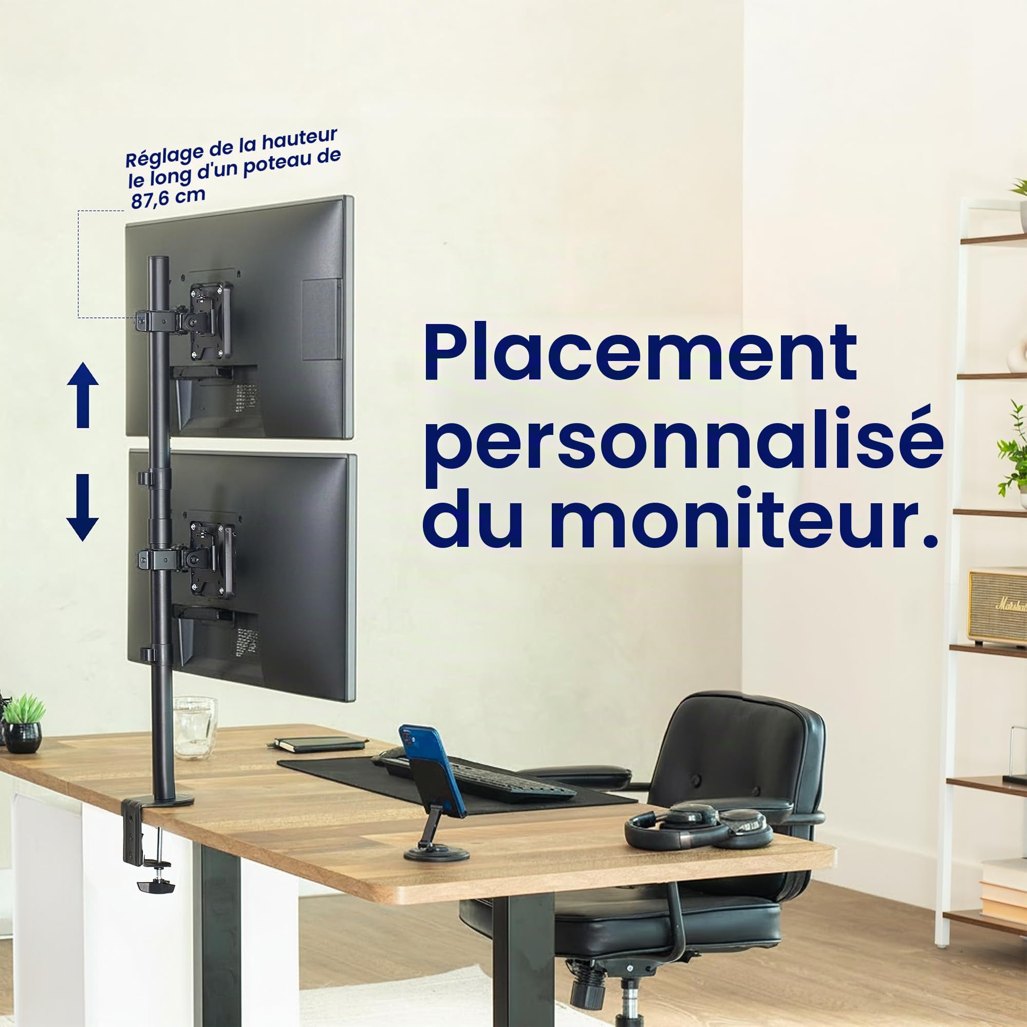 VIVO Support de Bureau Double pour Écrans Superposés Verticalement, Pied Ajustable très haut pour 2 Écrans Ultra-Larges jusqu'à 34 Pouces, Capacité 10 kg, Noir, STAND-V002T