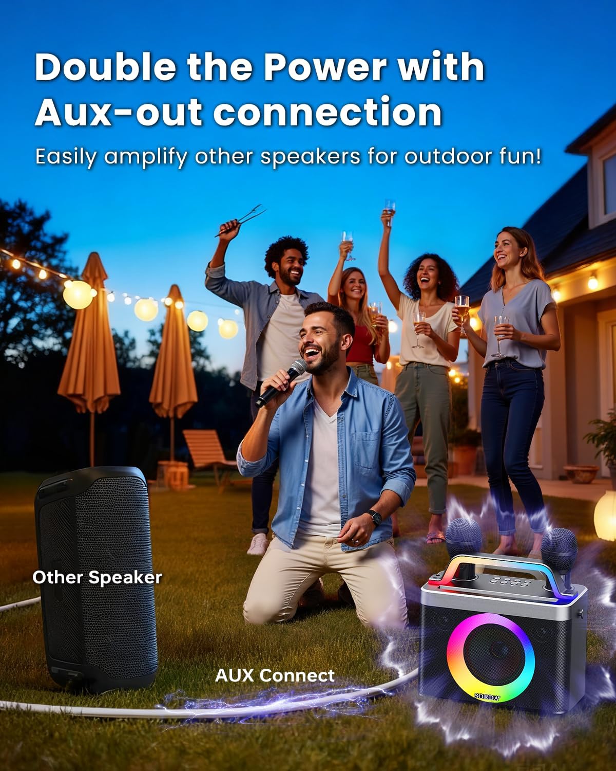 Portable Bluetooth Karaoke Machine for Adults & Kids - 2 Wireless Microphones, Shoulder Strap, Fun Voice Change, Support USB/AUX, for Outdoor Events Party Gifts - Image 8