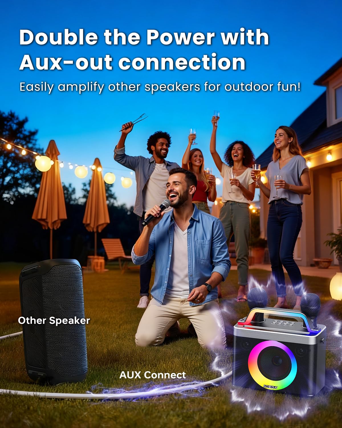 Karaoke Portatile Bluetooth per Adulti e Bambini - 2 Microfoni Wireless, Tracolla, Divertente Cambio di Voce, Supporto USB/AUX, per Eventi All'aperto e Regali per Feste