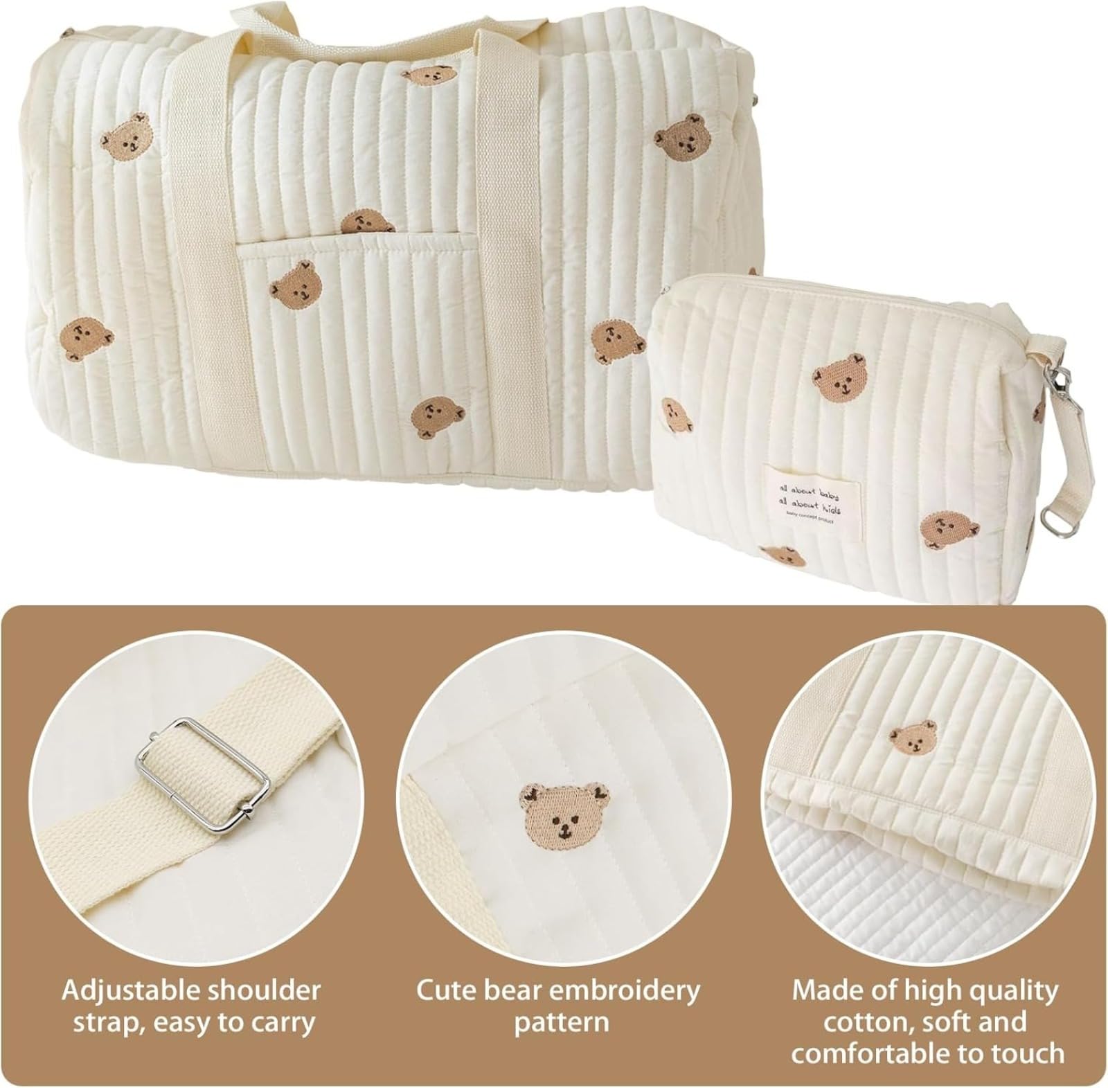 Borsa Parto Ospedale Mamma Grande, Borsa Passeggino Set da 2 Pezzi, Mommy Bag in Cotone con Ricamo