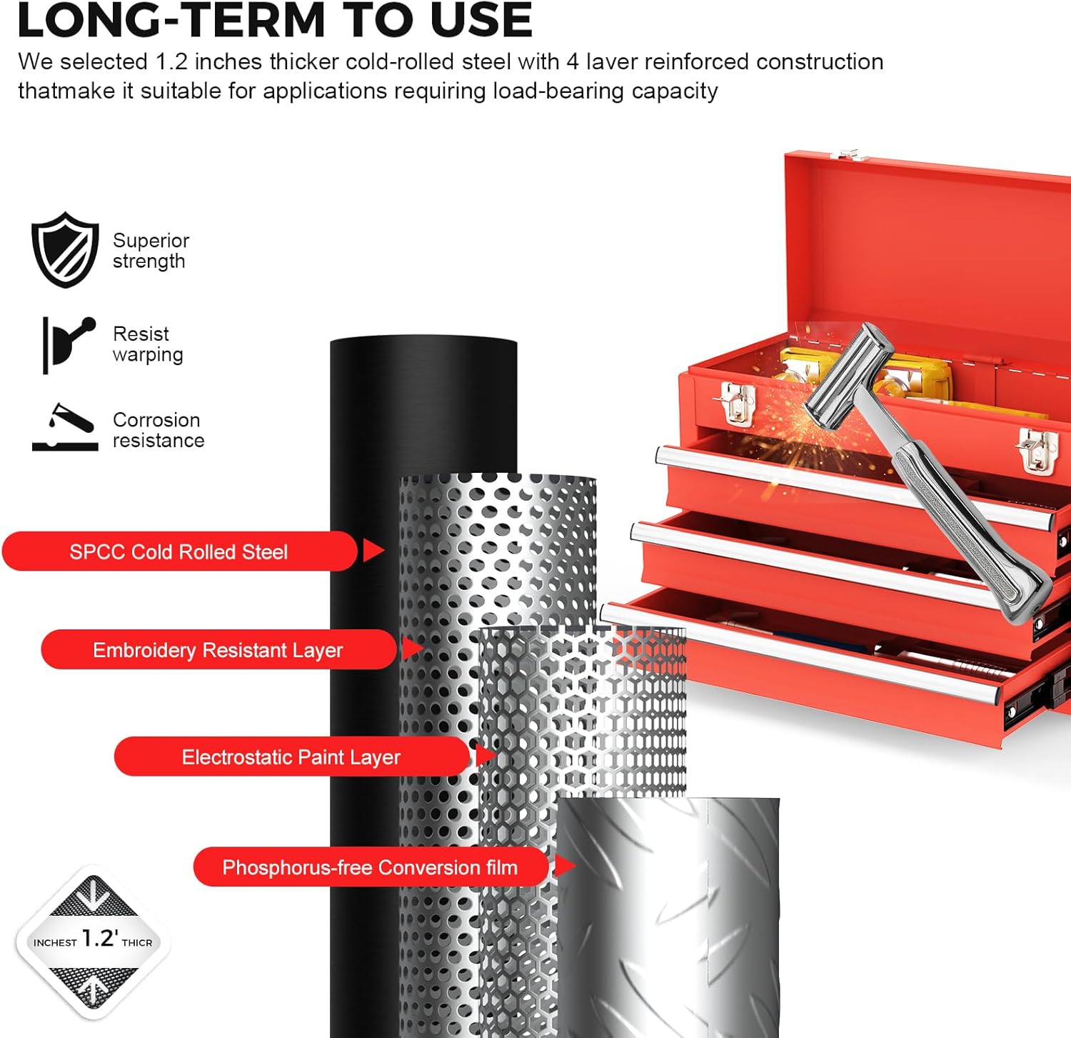 3 Drawer Metal Tool Box, Portable Metal Tool Box with EVC Liners and Latches Closure, Heavy Duty Steel Tool Chest with Ball Bearing Opening and Powder Coated Finish, Red