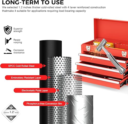 Miniatura 5 de Caja de herramientas de metal de 3 cajones, caja de herramientas de metal portátil con revestimientos y cierres de EVC, caja de herramientas de