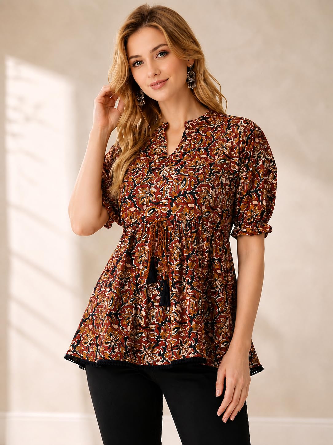Floral Printed Multicolor Peplum Top – Cotton Blend V-Neck, Women Casual, Party & Office Look-image-36