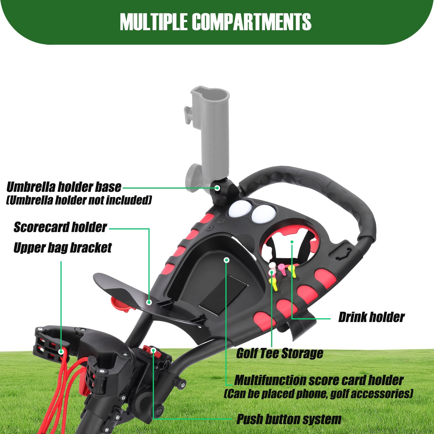 XDriveMax Golf Trolley 3 Rad,Golftrolley Klappbar,Leichter Golf Trolleys für Golfschläger und Golfbag, mit Getränkehalter,Scorekartenhalter und Ablagefach(Grün)