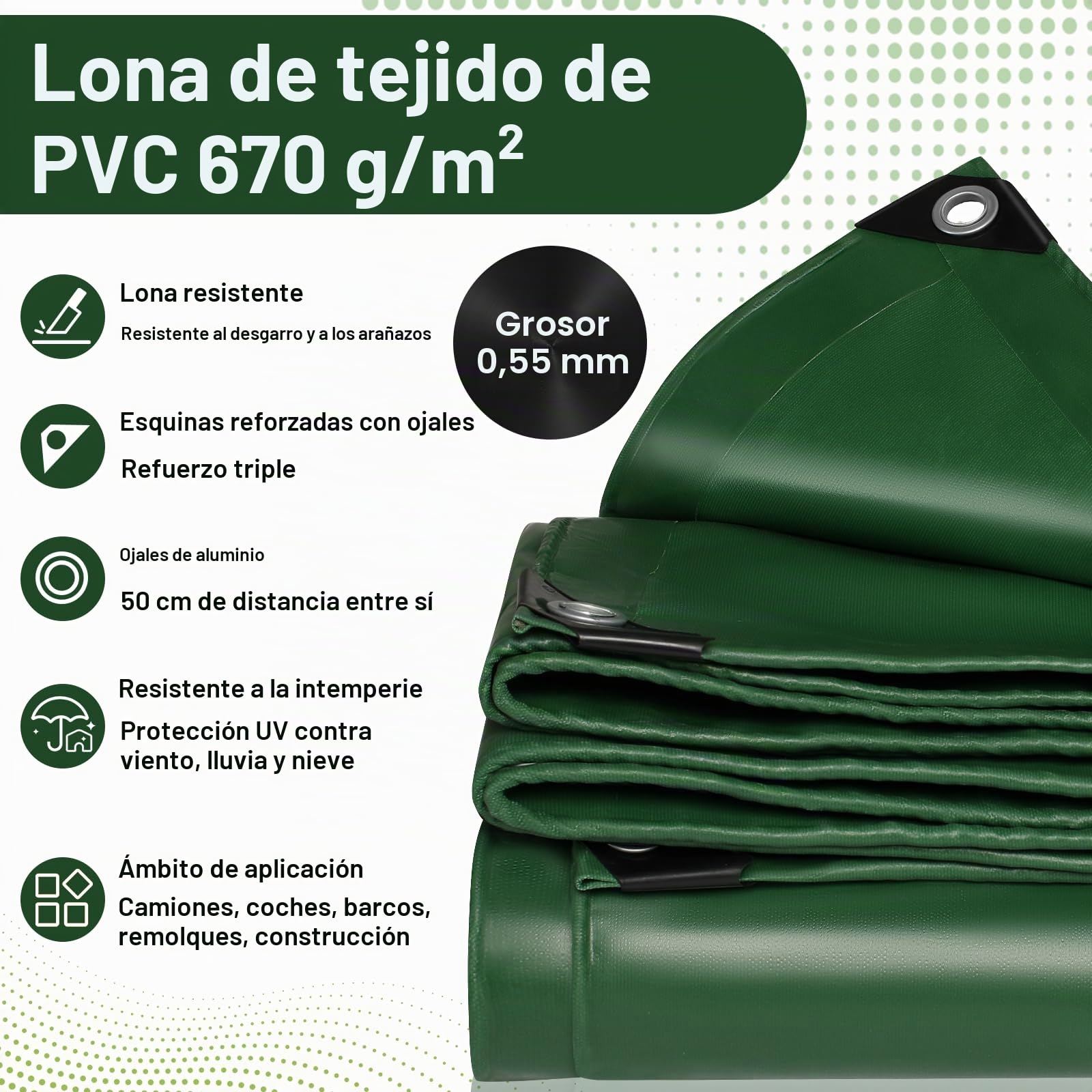 Lona de 670 g/m² para Camiones con Ojales, Lona de PVC, Impermeable, Resistente a desgarros, Bordes Reforzados, Lona de protección para Camiones, Coches, remolques, Piscinas, Trabajos