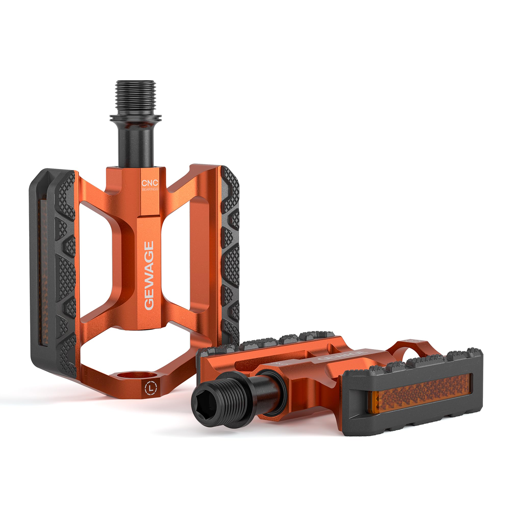 GEWAGE Bicycle Pedals Aluminum — Small & Lightweight – 3 Sealed Bearings, Chromoly Axle, Non‑Slip Platform Pedals with Reflector – for MTB, Trekking, City & Kids’ Bikes (Orange)