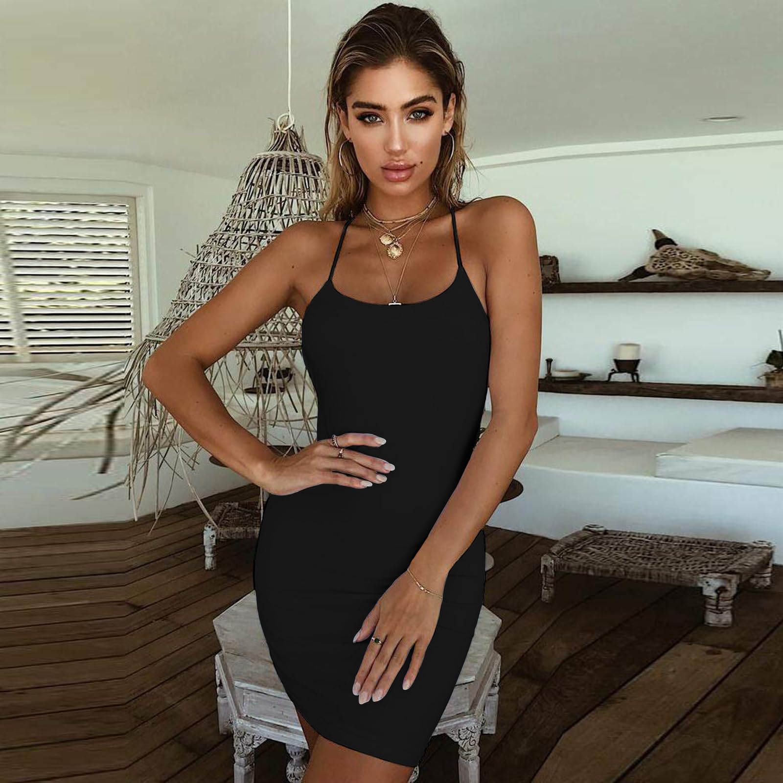 Robe Sexy Femme Dos Nu Mini Robes Profonde Col en V sans Manches Robe Courte Moulante Spaghetti Bretelles Bodycon Mini Dress Robe de Soiree pour Clubbing Nuit Cocktail