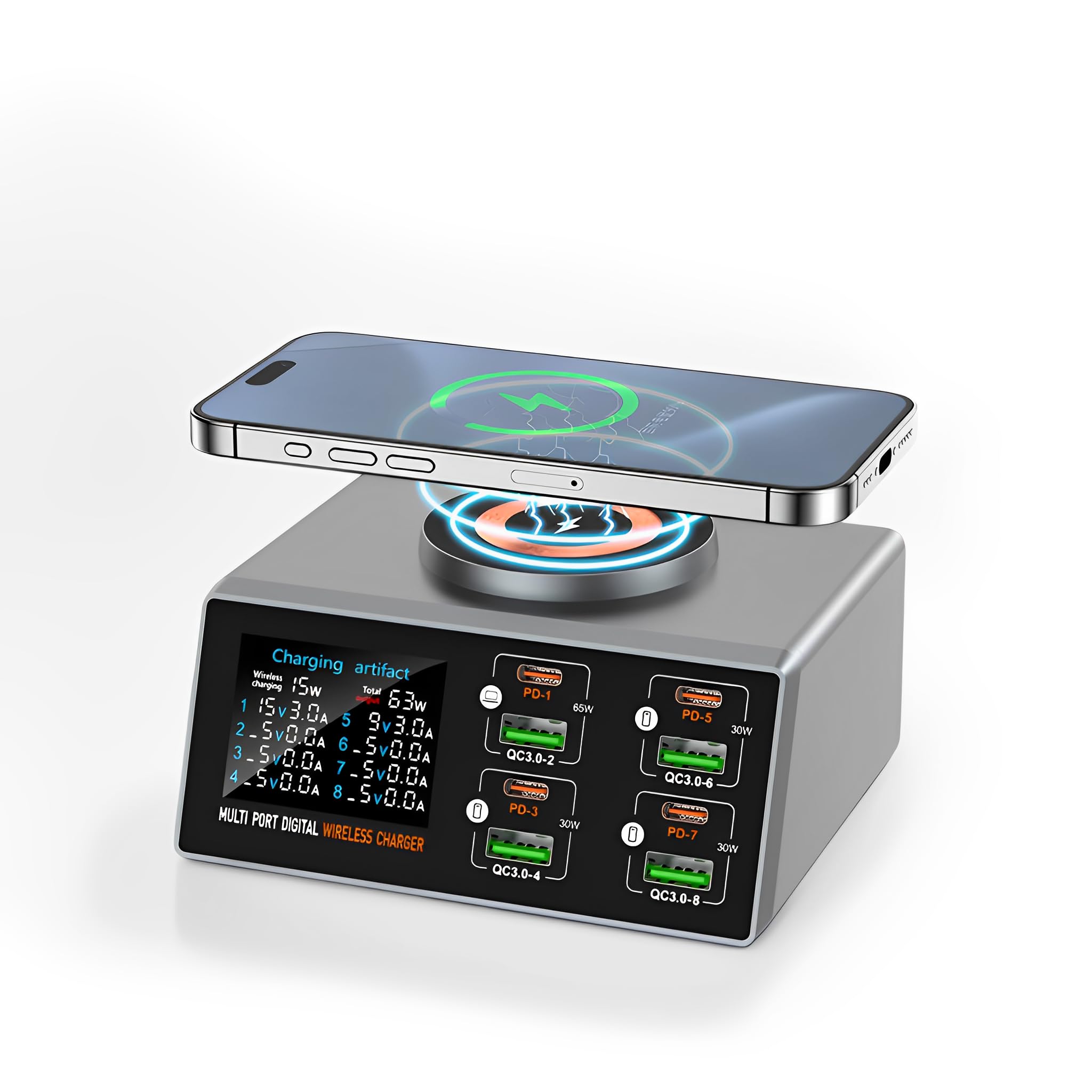 LICAEVEY 140W GAN 9-urządzeń Stacja ładowania z Ekranem LCD-8-Port USB C PD Szybka ładowarka (65W Max) + 15W Bezprzewodowa ładowarka na IOS | Android | Tablet | (wtyczka UE)