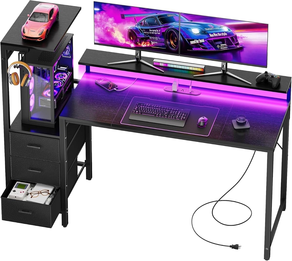 HLDIRECT 60 Inch Gaming Desk with Power Outlets & LED Lights, Black | Reversible gaming computer desk with built-in monitor stand, 3 fabric drawers & 4 side hooks, 2 AC outlets & 3 USB ports