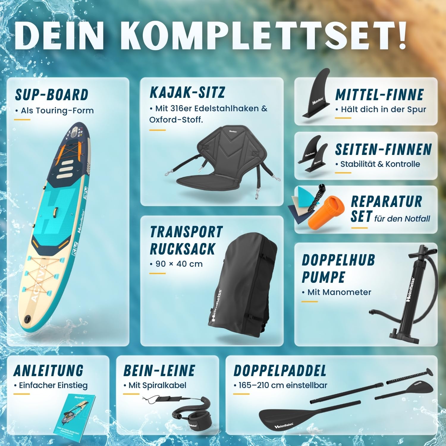 Heimfleiss® SUP Board aufblasbar | Stand Up Paddling Board Komplettset mit Sitz & Kajak-Funktion | Drop-Stitch PVC 320 x 81 x 15 cm bis 200 kg | Standup Paddle Board für Anfänger, Familie & Touren