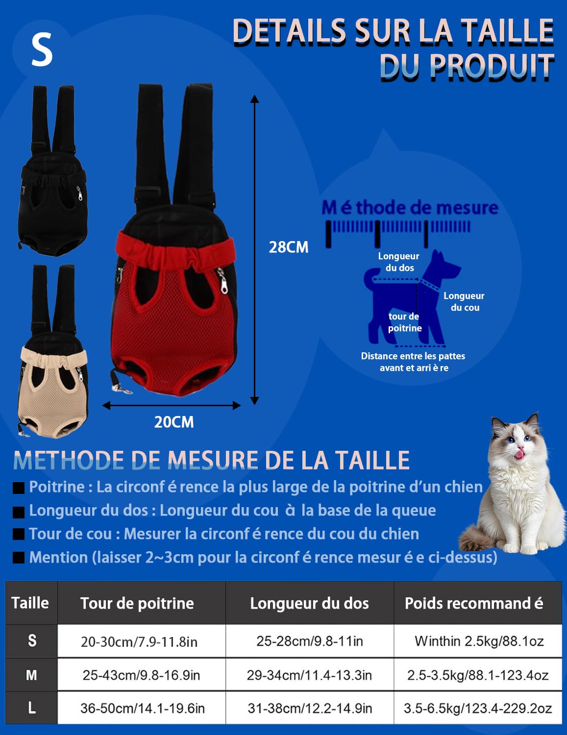 Porte Chat Ventral, Sac à Dos Mains Libres à Sangle Réglable, Pas de Tension aux Epaules, Maille Respirante Porte Chat Ventral avec Harnais, Les Voyages, Le Métro (S-Rouge)