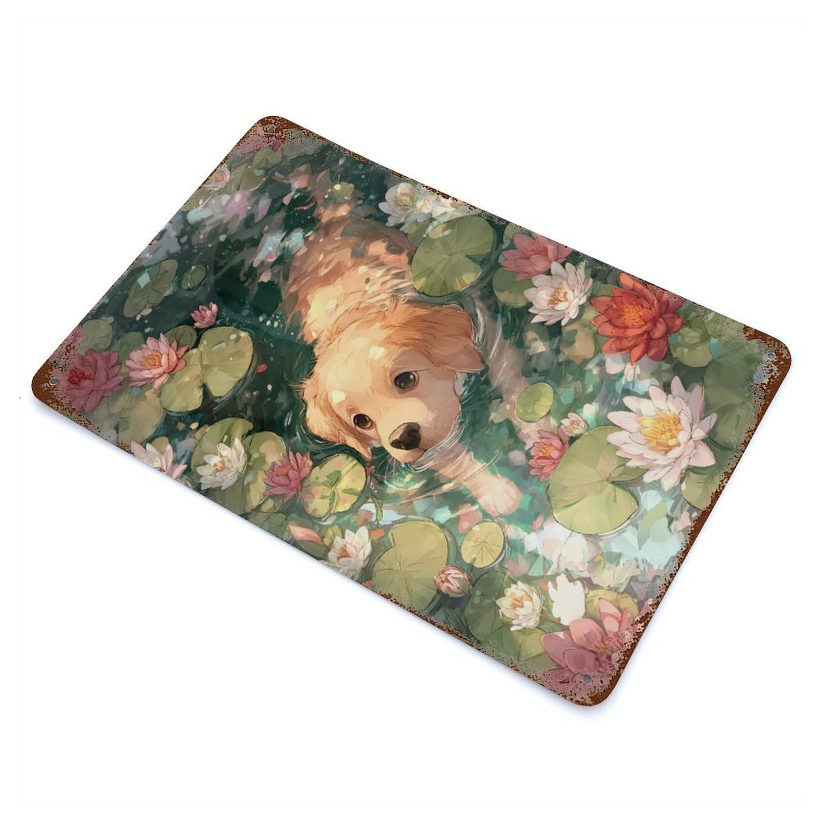 Golden Retriever in Lily Pond Distressed Metal Wall Sign 11.8"x7.9", Ideal for Garage, Bar And Workshop Decor