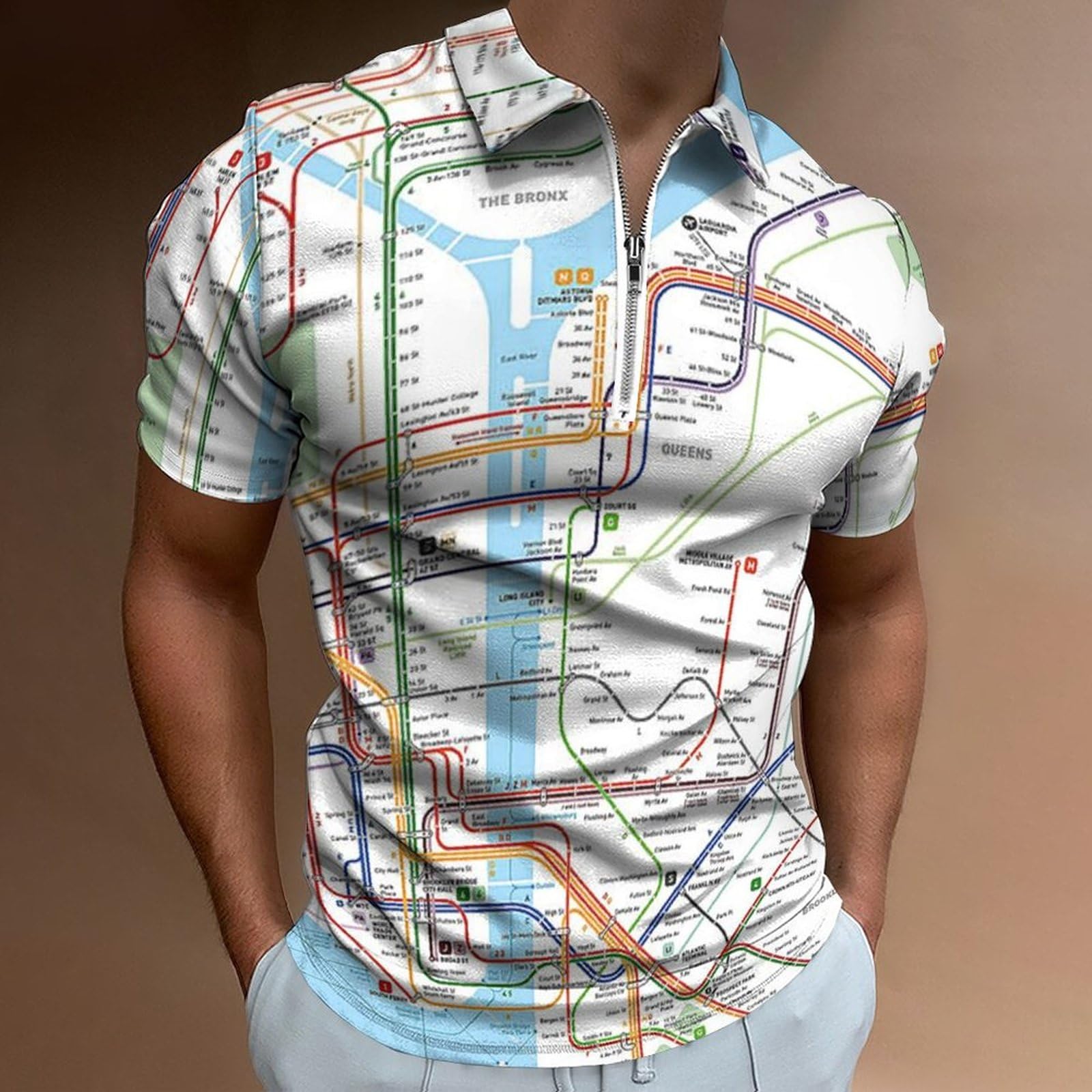 New York Subway Map Men's Zippered Polo Shirt Casual T-Shirts Short Sleeve Classic Fit Tee Polo Top