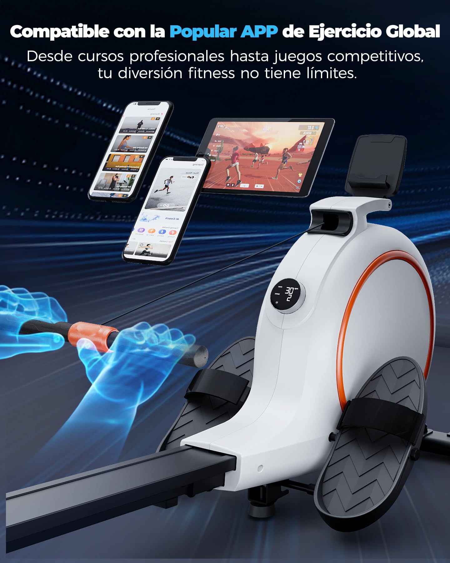 Copant Máquina de Remo Magnética, Máquina de Cardio con Soporte para Tableta, 32 Niveles de Resistencia Remadora para Uso en Casa MAX 136 kg, APP Control Pantalla LCD y Escenarios Virtuales Inmersivos