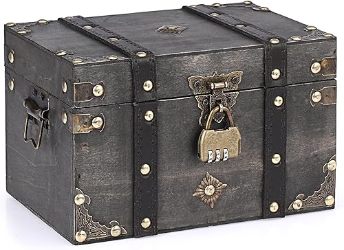 ELLDOO Cofre del tesoro de madera con cerradura, caja de recuerdos vintage de pirata para regalos de niños, caja decorativa de almacenamiento de