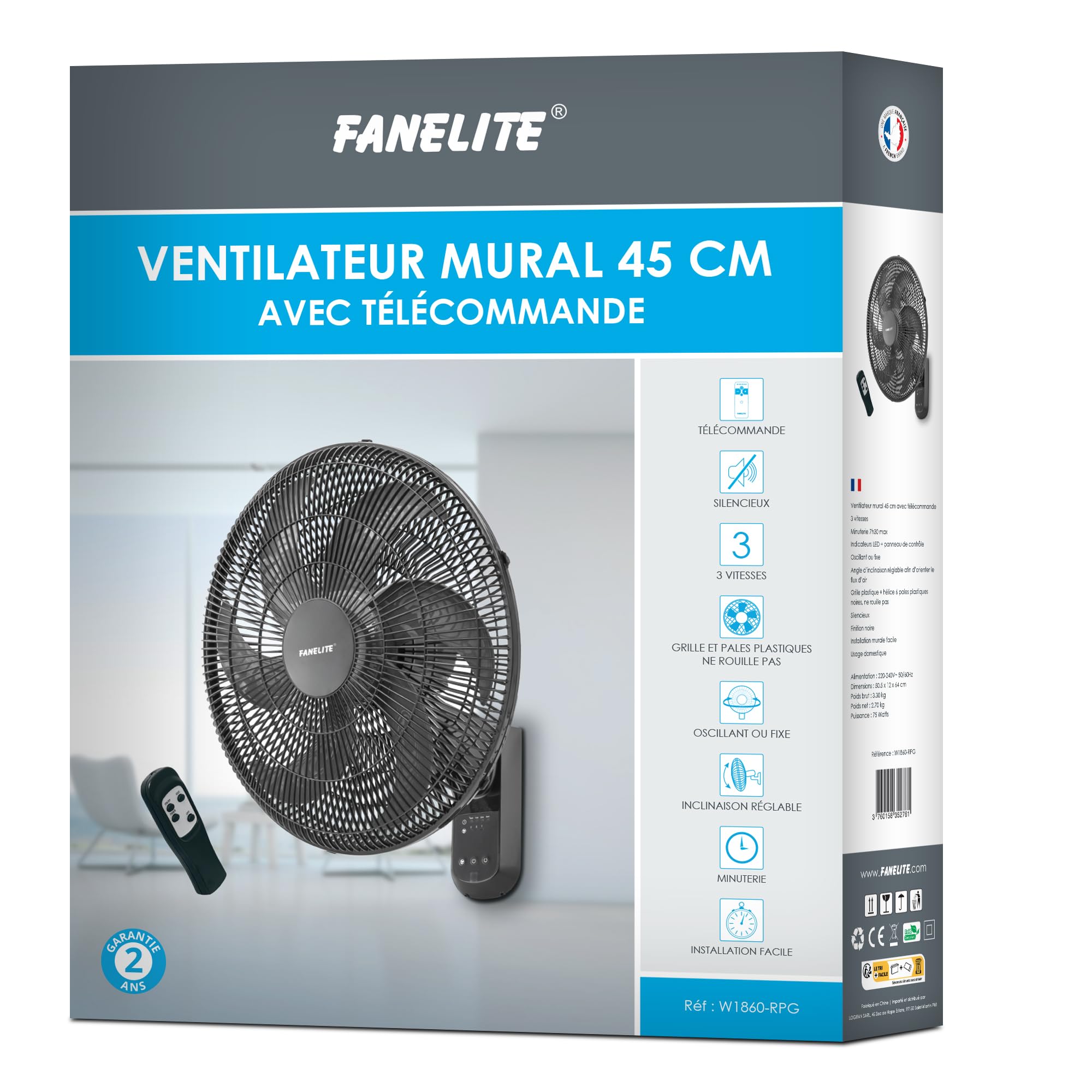Fanelite - Ventilateur mural W1860-R PG - Diamètre 45 cm - 3 vitesses - Avec télécommande - Minuterie - Grille et hélice plastiques - Oscillant ou fixe - Installation facile - Silencieux