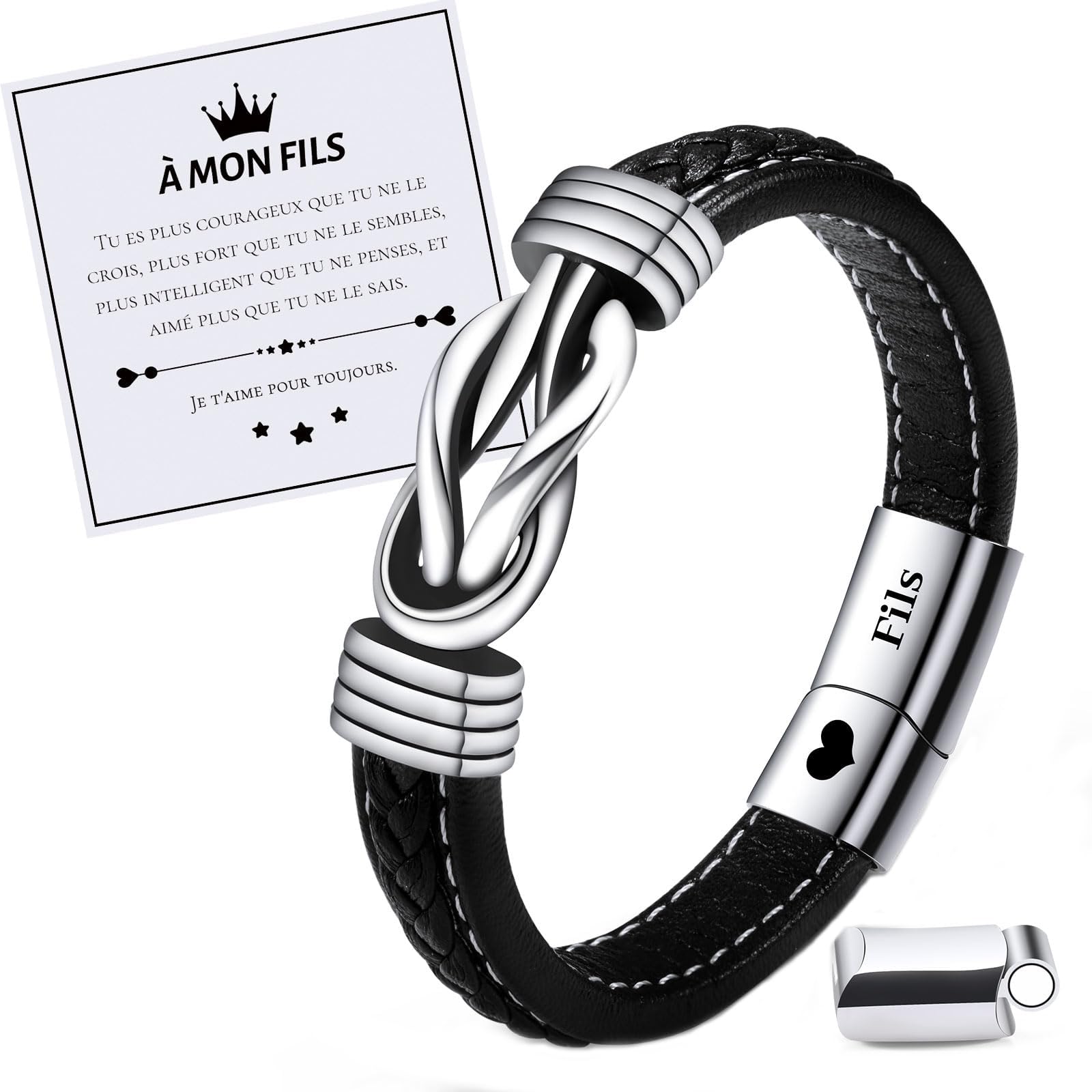 VU100 Bracelet pour Fils Cadeau pour Fils Cadeau pour Fils de Maman et Papa Bracelet en Cuir en Acier Inoxydable Bracelet pour Mon Fils Cadeaux d'Inspiration Cadeaux d'Anniversaire pour Garçons