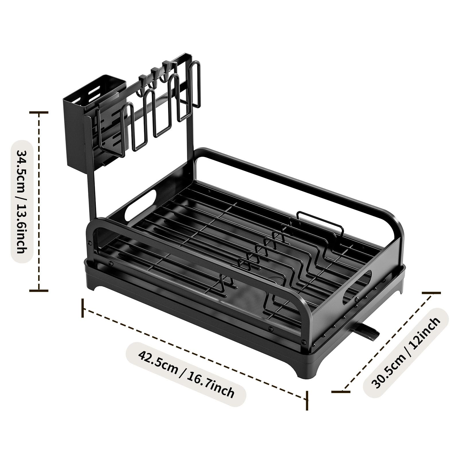 Escurridor de platos negro con tabla de drenaje, organizador de cocina que ahorra espacio, soporte para tazas y cubiertos, bandeja escurreplatos eficiente para soluciones de secado de encimera