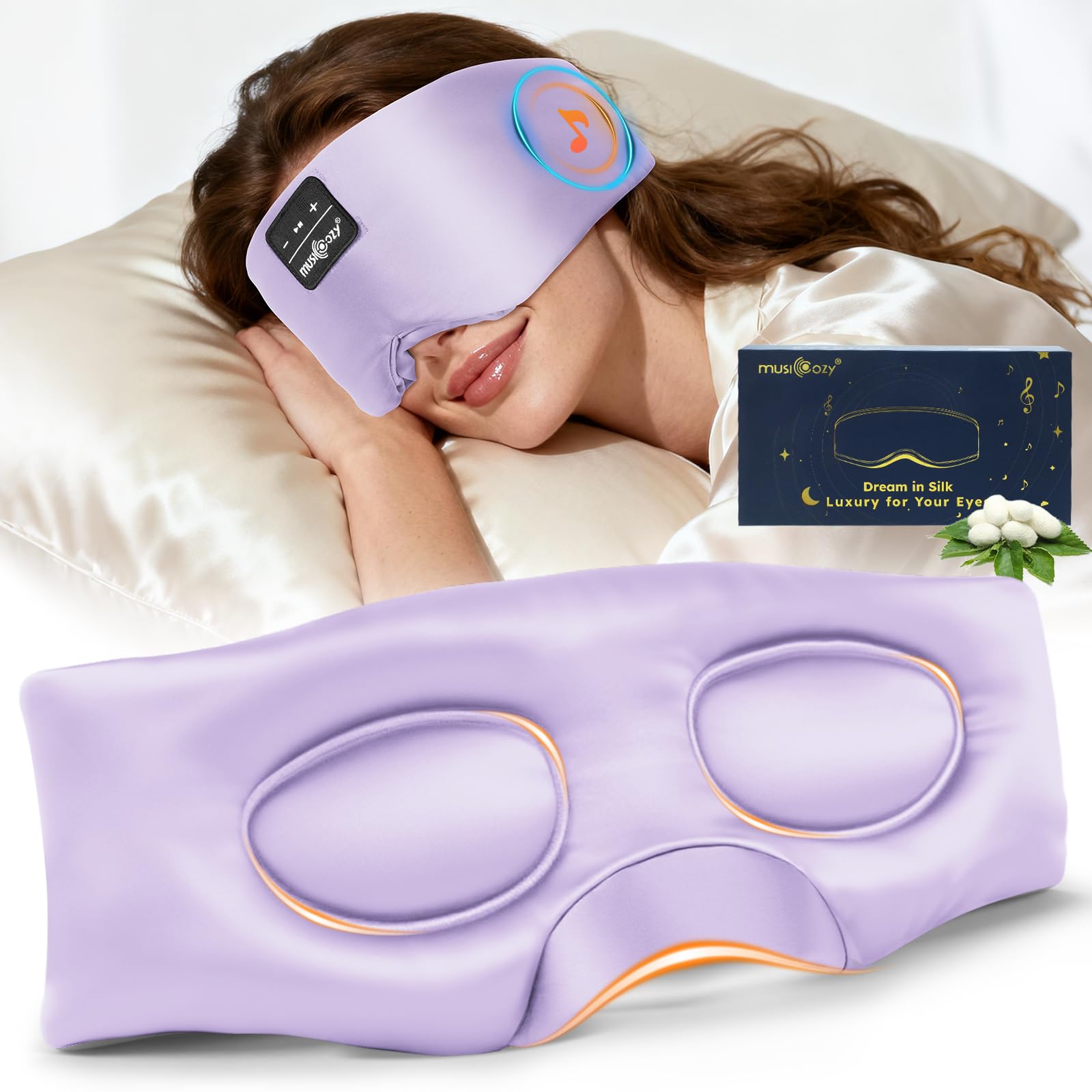 MUSICOZY Máscara de seda para dormir, seda de morera pura, 100 % opaca, máscara de ojos profundos 3D con auriculares, ultra suave y cómoda, transpirable, con tiempo de reproducción de 14 horas y