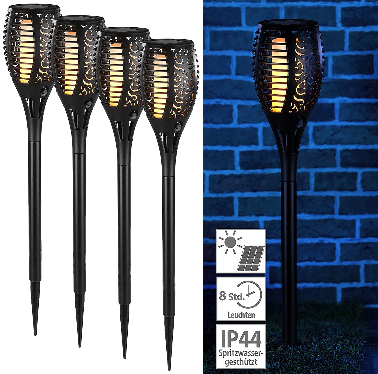 Lunartec Solar Garten Fackel 4er-Set LED-Solar-Gartenfackeln mit Flammen-Effekt und Akku 58 cm