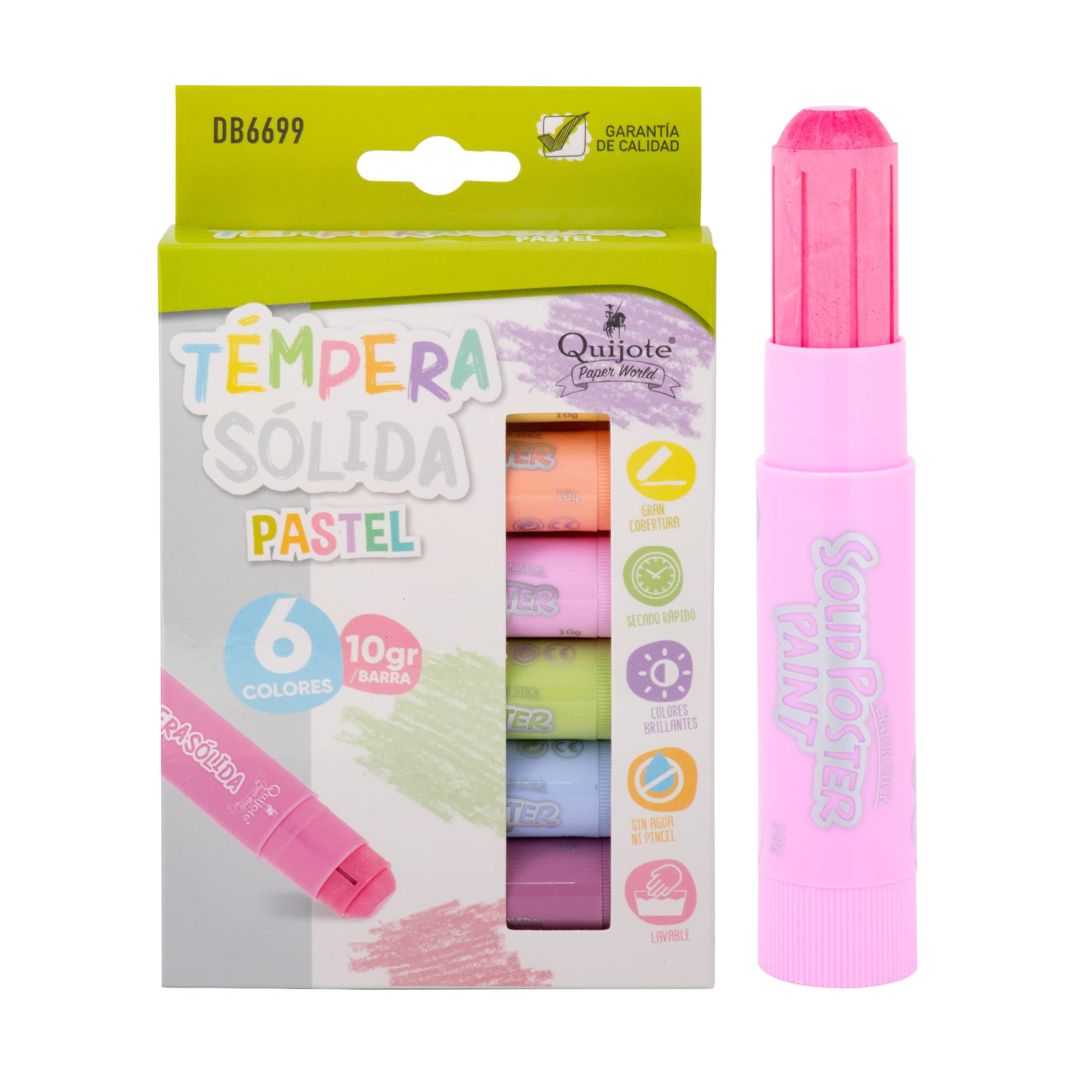 Quijote Paper World PACK 6 TÉMPERAS SÓLIDAS 10gr/barra, 6 colores pastel, lavable, secado rápido, colores brillantes, sin agua ni pincel - COLORES PASTEL