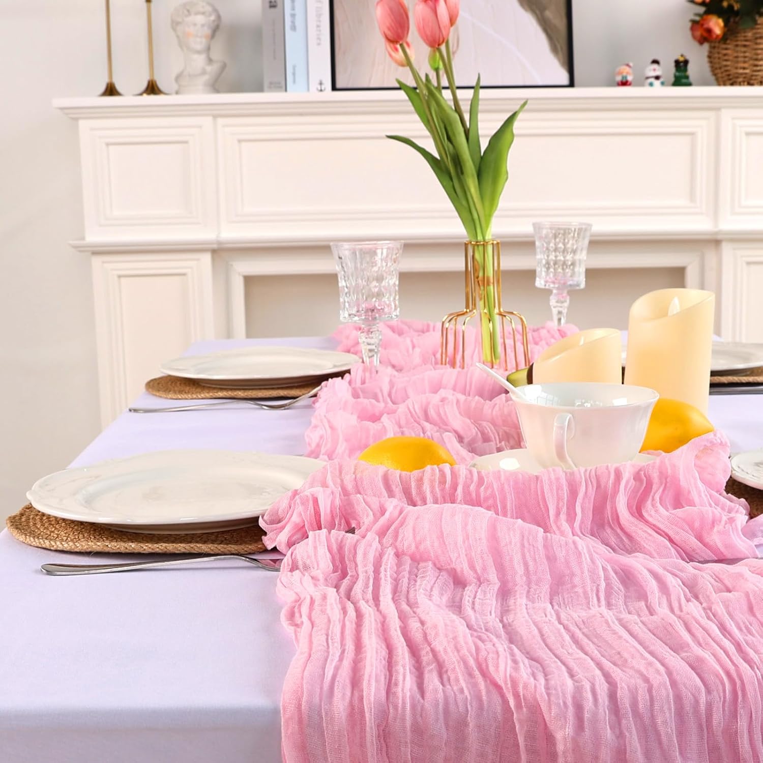 8 Pack Pink Cheesecloth Table Runner 10ft Boho Gauze 120 Inch Cheese Cloth Table Runner Rustic Sheer for Spring Holiday Baby Shower Party Décor Home Wedding Decoration