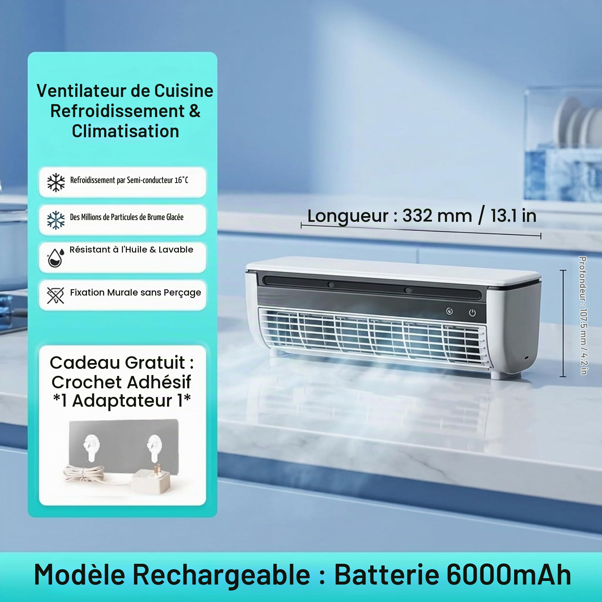 Ventilateur de climatisation, Mini climatiseur et Ventilateur de climatisation, Refroidisseur Brume Mural sans perçage, Rechargeable 6000 mAh, Blanc