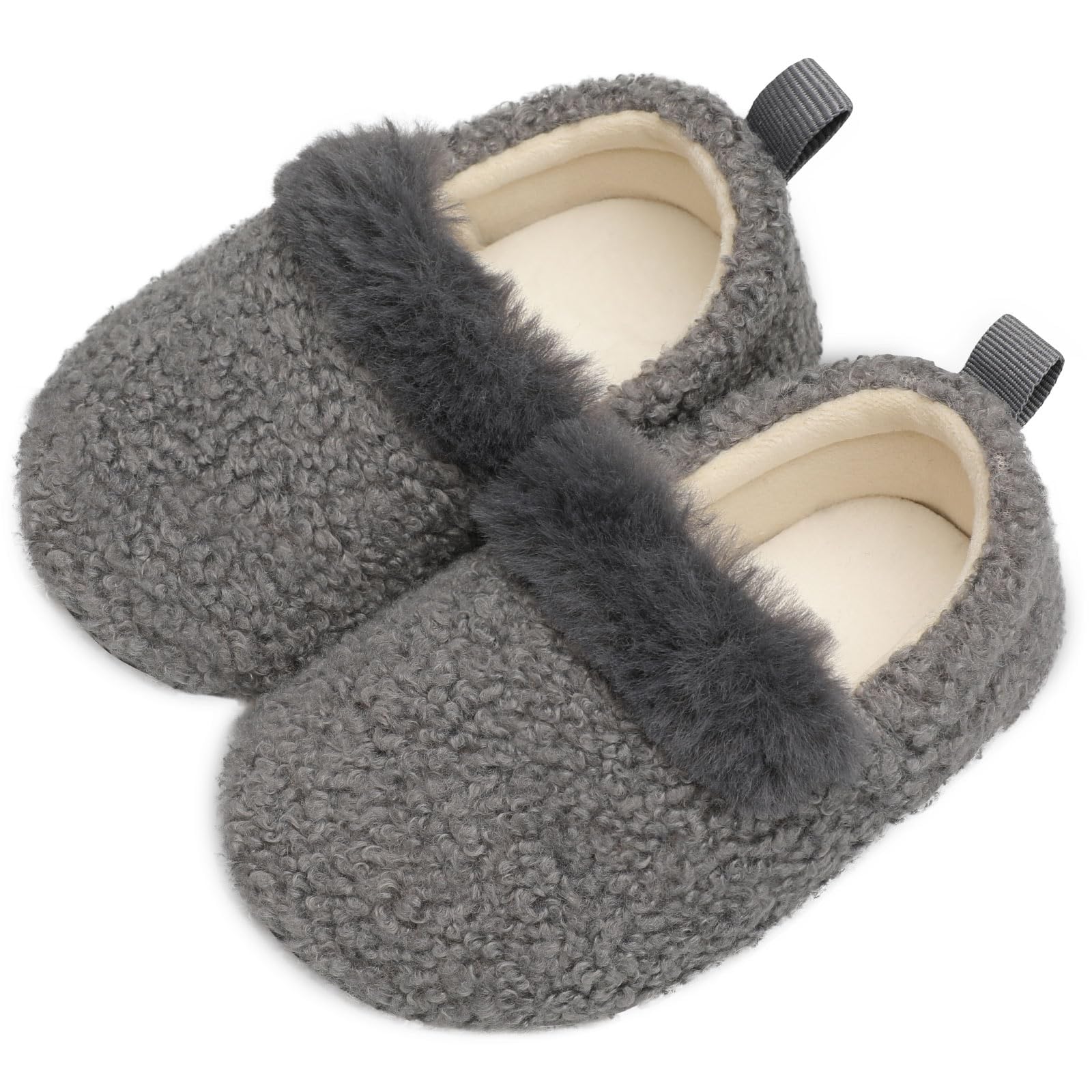 L-RUN Toddler Slippers for Girls Boys Slip On Baby Cozy House Shoes Warm Faux Fur Kids Indoor Slippers Grey 3-4 Infant