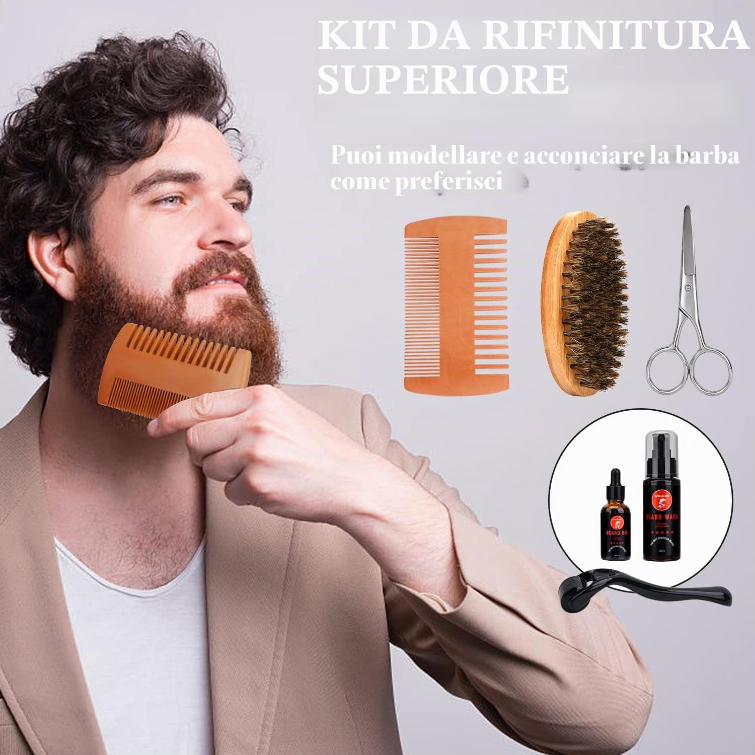 Kit Barba Uomo con Olio per Barba, Crema per Barba, Detergente per Barba, Spazzola per Barba, Pettine per Barba, Forbici per Barba Set Barba Uomo e Accessori Barba