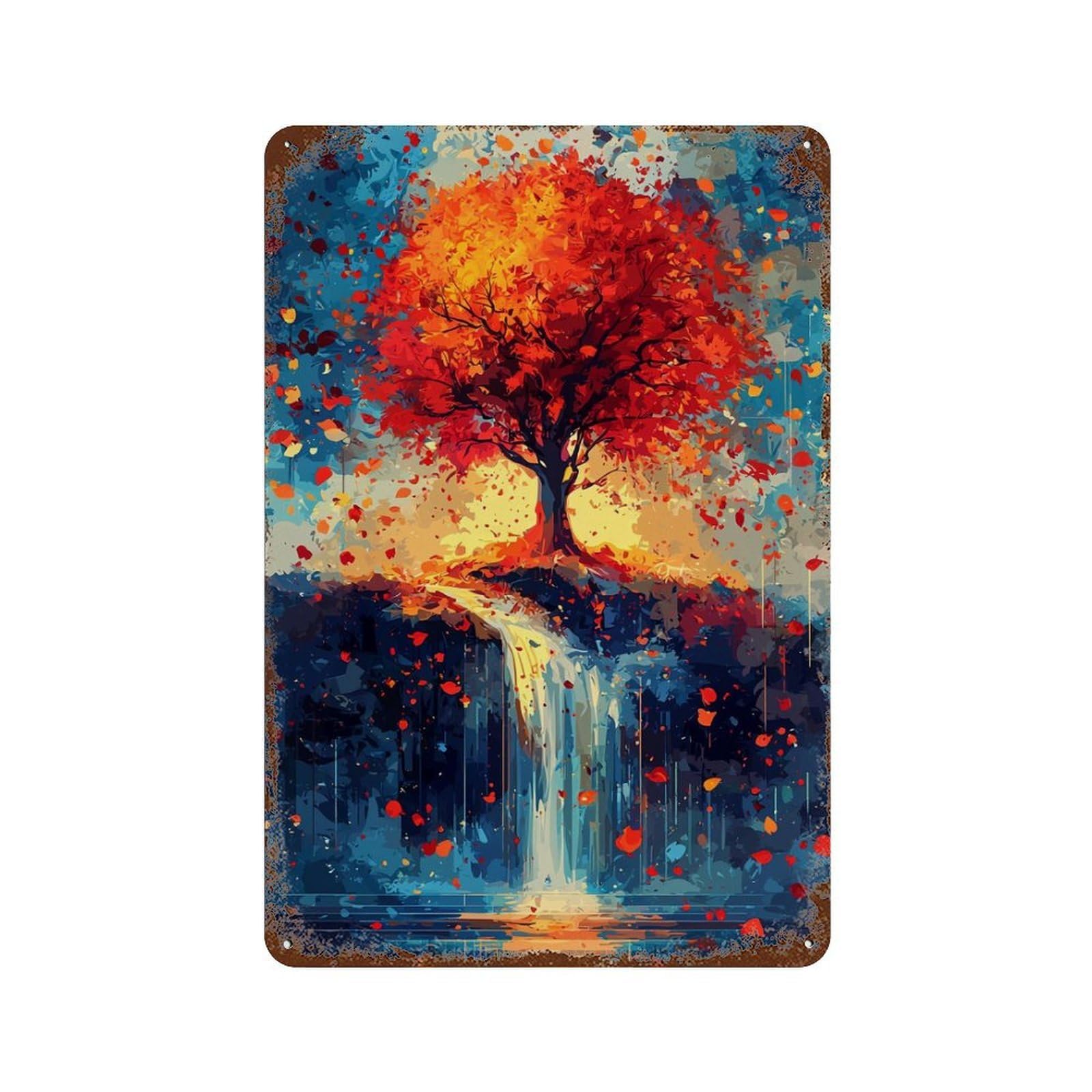 Autumn Leaves Waterfall Painting Vintage Rust Metal Sign 11.8"x7.9", Shabby Chic Decor for Shed, Workshop And Garage Wall Decor