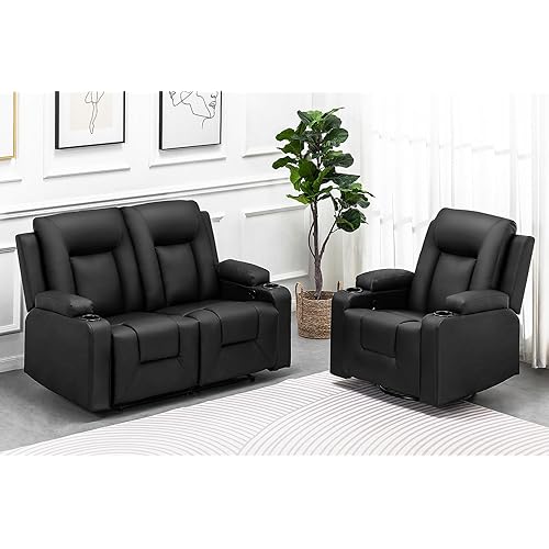COMHOMA Recliner Chair Set，Furniture Bonded Leather Recliner Set Living Room Set, Sofa, Loveseat, (Black, Living Room Set 2+1)