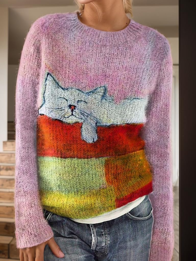 Akivide Women's Fall Winter Cute Cat Graphic Floral Print Sweater Casual Loose Long Sleeve Crewneck Sweatshirt Oversized Tops - Image 2