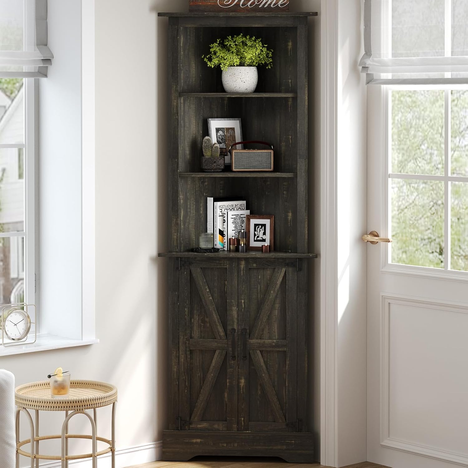 4 EVER WINNER Tall Corner Cabinet with Barn Door and Adjustable Shelves, 5-Tier Corner Shelves for Small Space, Living Room, Hallway, Bathroom, White