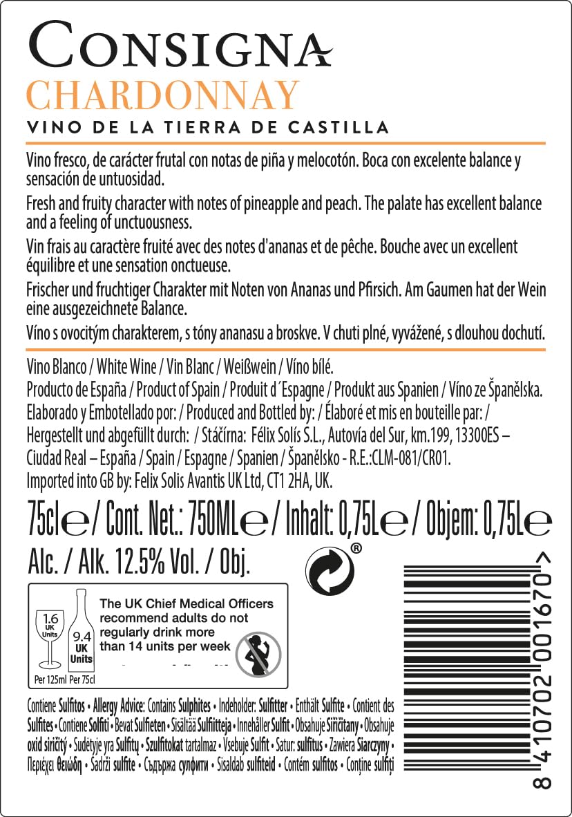 Consigna Felix Solis Sl Vino Blanco Chardonnay, 0.75 L - Pack de 6-6 Paquetes de 750 ml - Total: 4500 ml