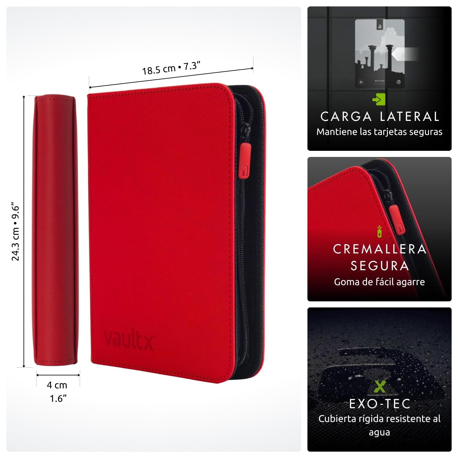 Vault X Álbum Exo-Tec con Cremallera, para 160 Cartas Coleccionables, 4 Bolsillos, 20 Páginas de Carga Lateral (Rojo)