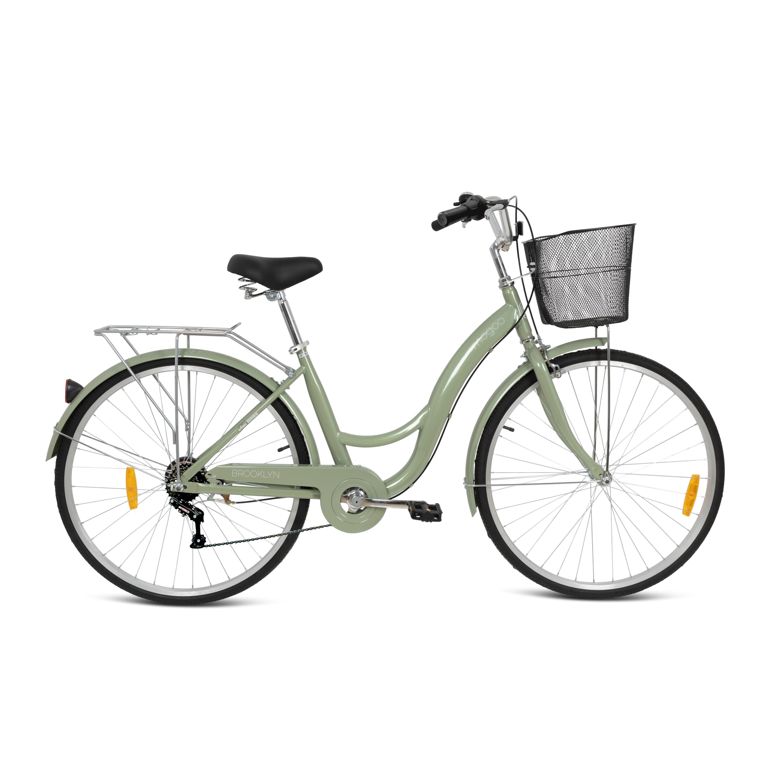 Mogoo Brooklyn 6 Speed Cruiser Bike, 24/26 Inch, City-Bike with Gears, Steel Frame, Road-Bike, Comfort Cycle, Unisex Bicycle Adult, Front Basket, Rear Carrier, Classic Commuter Bike