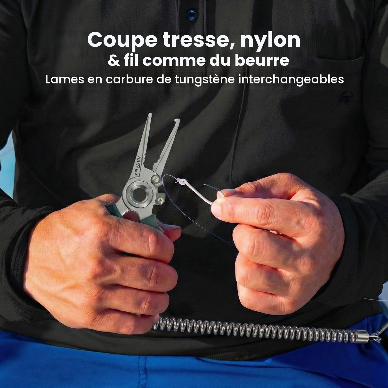 KANAMA Pince de Pêche en Acier Inoxydable 17-4, Pince Pêche en Mer Antirouille 19 cm avec Ouvre-Anneau Brisé, Dégorgeoir et Coupe-Tresse en Carbure de Tungstène, Idée Cadeau Pêche Homme