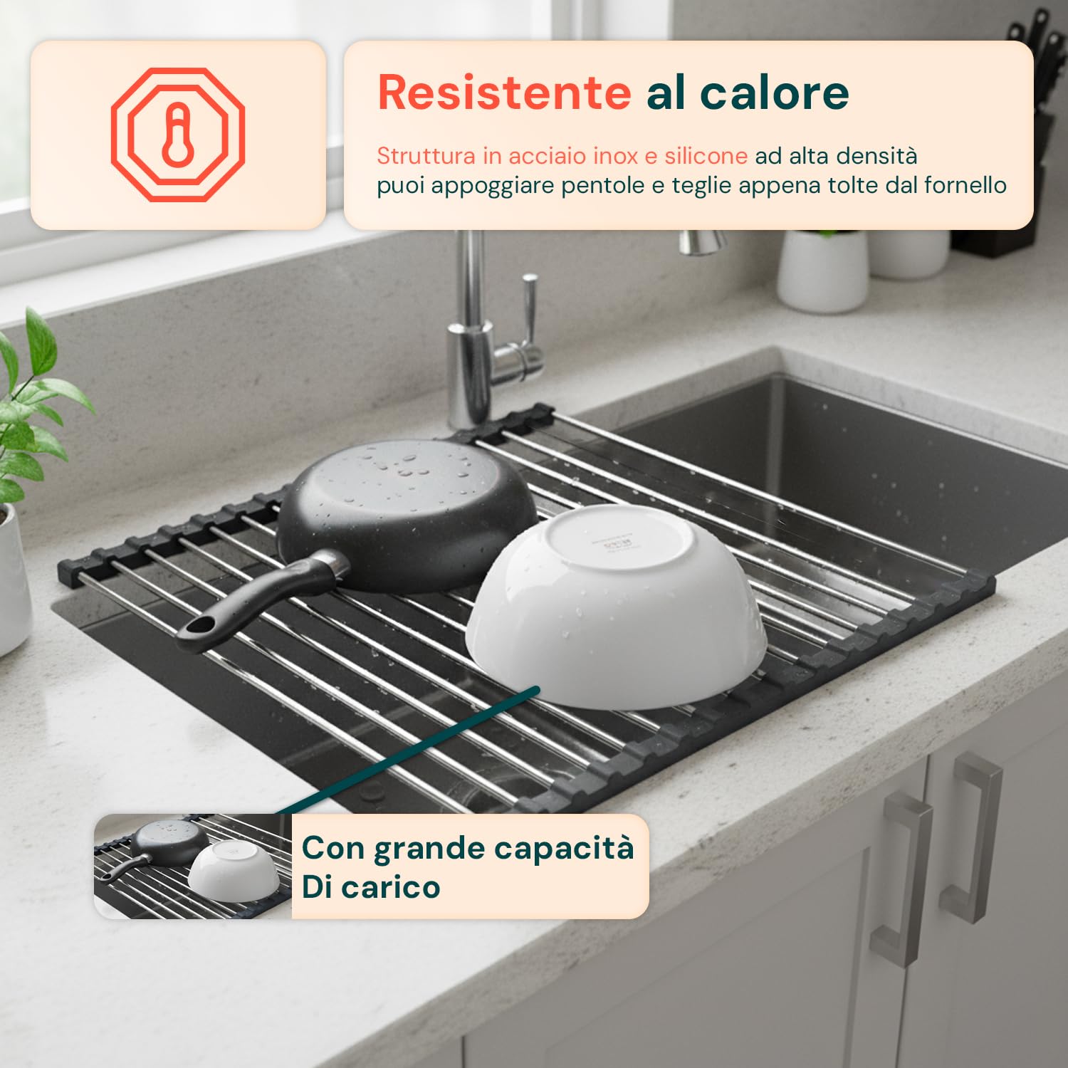 Avilia - Scolapiatti da Lavello Arrotolabile in Acciaio Inox 43x35 cm Resistente al Calore, Facile da Pulire, Ideale come Griglia Scolapiatti e Piano d’Appoggio Salvaspazio