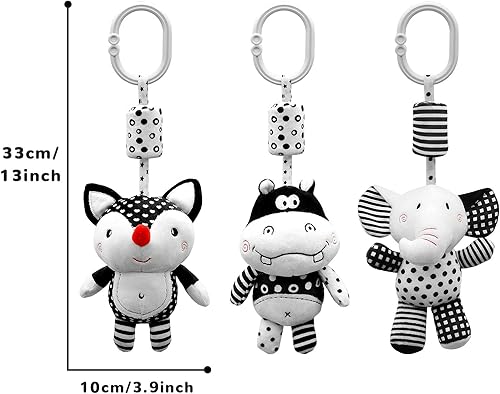 Miniatura 8 de XIXILAND Juguetes de bebé de alto contraste en blanco y negro de 0 a 3 meses para asiento de coche recién nacido, juguete de cochecito de juguete,