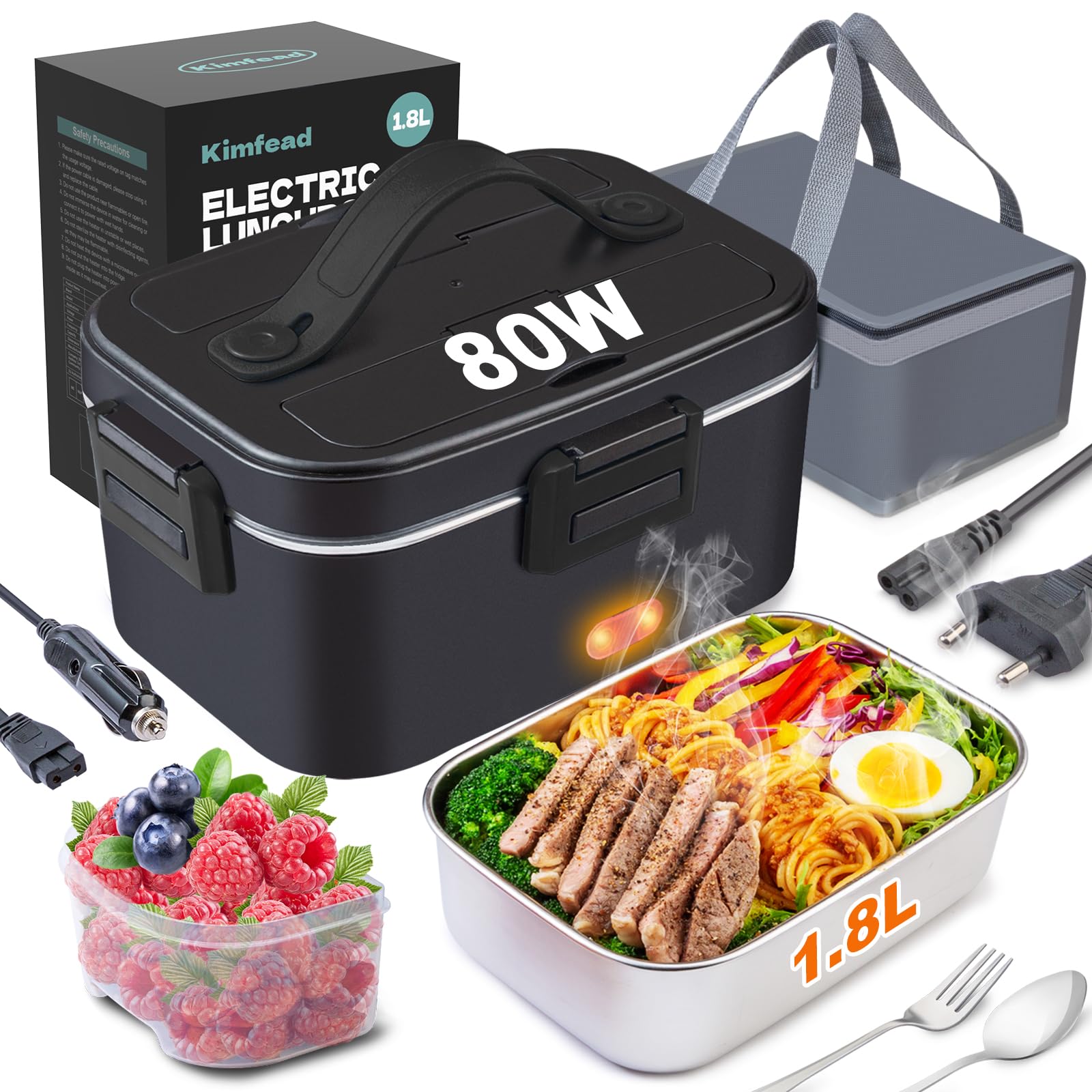 Kimfead Scaldavivande Elettrico Portatile 80W Lunch box elettrico 1,8L PortaPranzo Elettrico 12V/24V/230V Acciaio Inox Rimovibile Auto/Camion/Ufficio, Borse(1.8L-Nero)