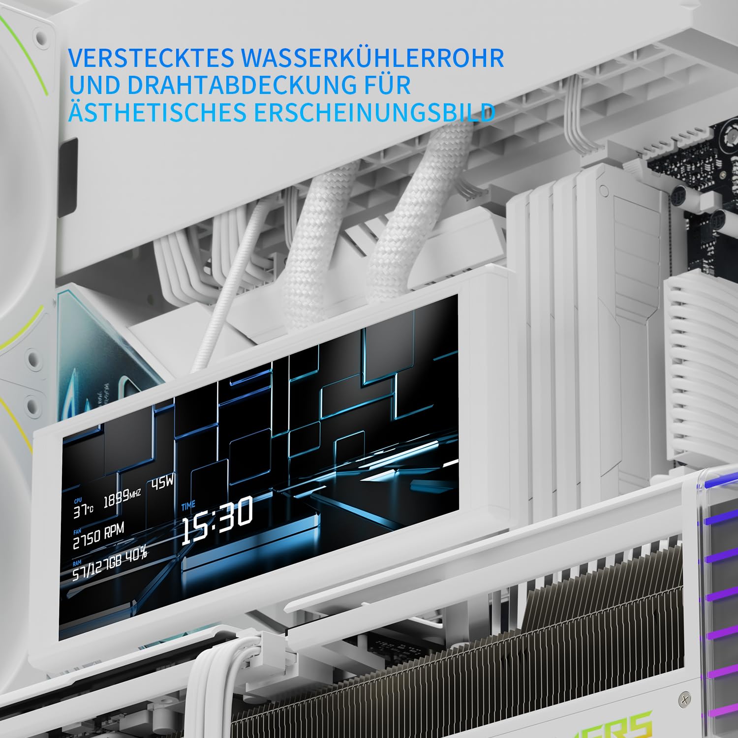 TR A70 Vision weißes ATX Gaming-Gehäuse | dreiseitiges säulenlosem Panoramaglas-Panel | 8 Lüfterplätze | Midi-Tower PC-Gehäuse | ausgestattet mit USB-C-Anschluss und integriertem 9,16-Zoll LCD-Display