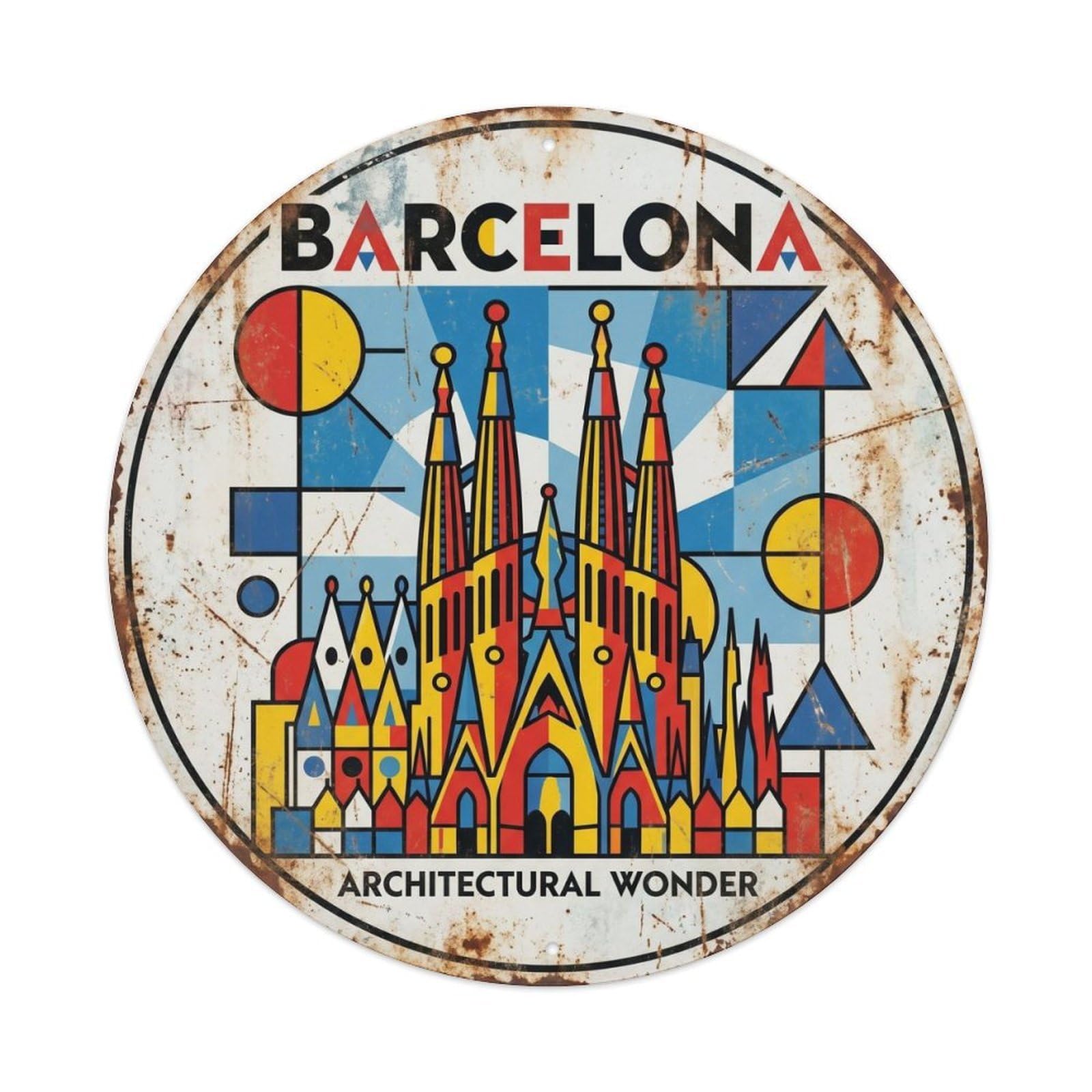 Barcelona Basilica Spain Geometric Travel Landmark Metal Tin Sign Plaque Wall Decor for Cafe, Man Cave, Club Bar, Office, Home Garden Round Metal Poster 8x8Inch